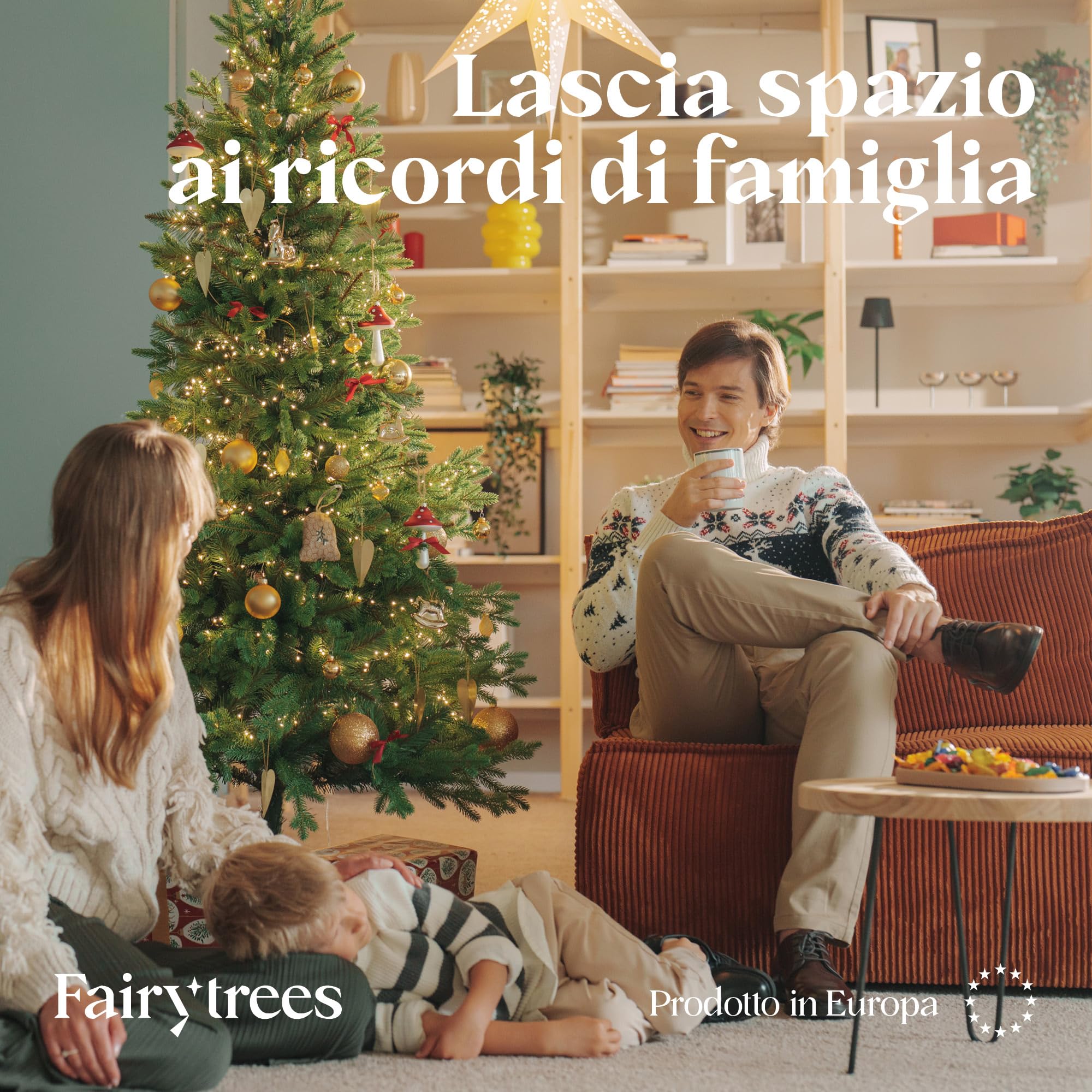 FAIRYTREES Albero di Natale 180 cm Nordman Premium SLIM | Elementi naturali realizzati ad iniezione| in UE | albero con supporto in legno di frassino fatto a mano
