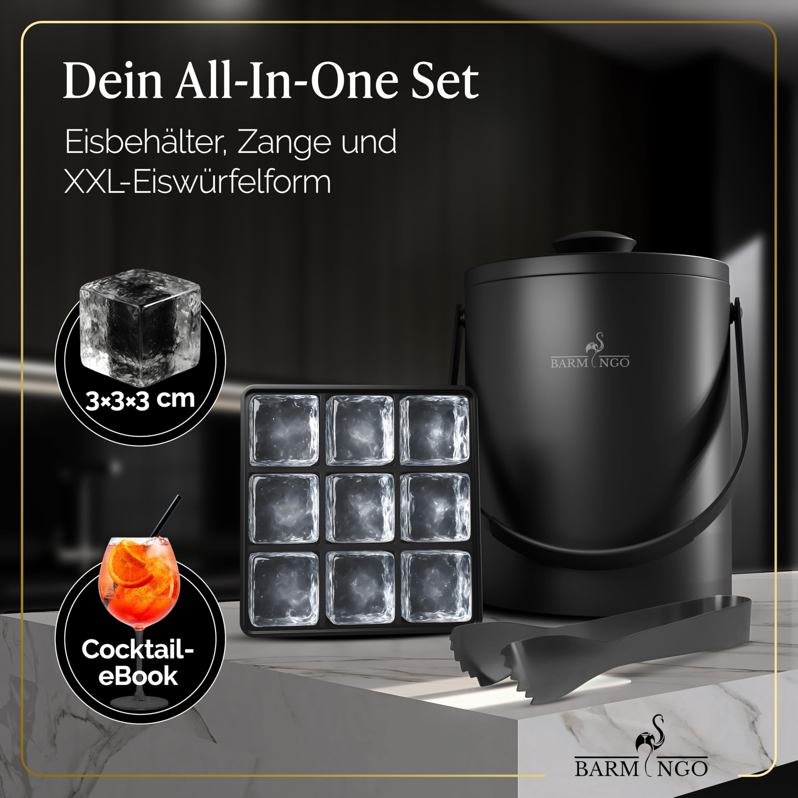 Edelstahl Eiswürfelbehälter mit Deckel - 2l Eiskübel/Eisbehälter für Eiswürfel mit Sieb, Eiswürfelform und Zange | Eiseimer doppelwandig, isoliert, BPA-frei