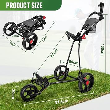3 Wheel Golf Trolley Folding Golfs Push Cart with Adjustable Height Handle, Lightweight Deluxe Golf Bag