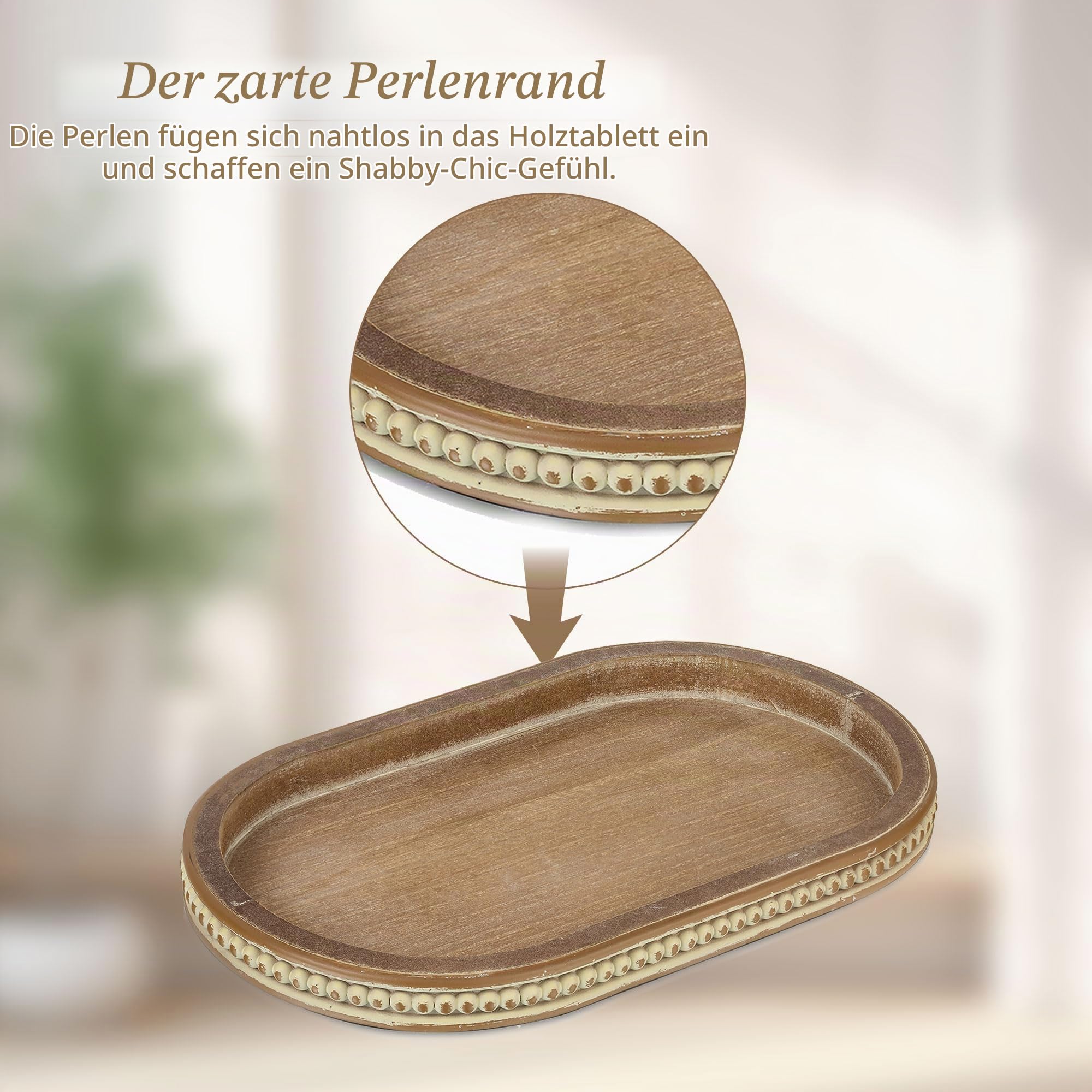 Hanobe Deko Tablett Oval Holztablett Vintage Braune Dekotablett | 38.5cm Shabby Serviertablett mit Perlen, Landhaus Holz Kerzentablett für Küche Tisch, Couchtisch, Tischdeko