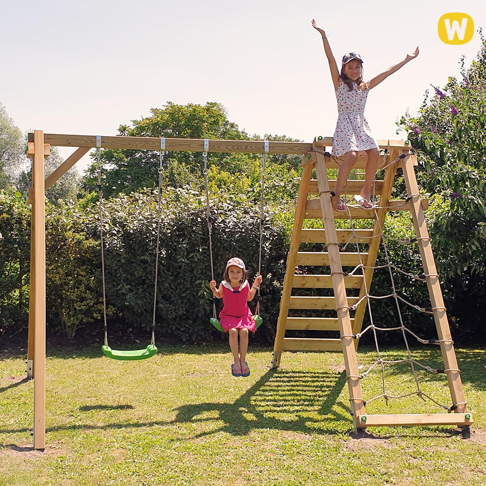 Kinderschaukel, Schaukelgestell, Schaukel, Schaukelgerüst, Doppelschaukel, Holzschaukel mit Kletteranbau für Kinder im Garten mit 2 Schaukelsitzen - Wickey Smart Cliff