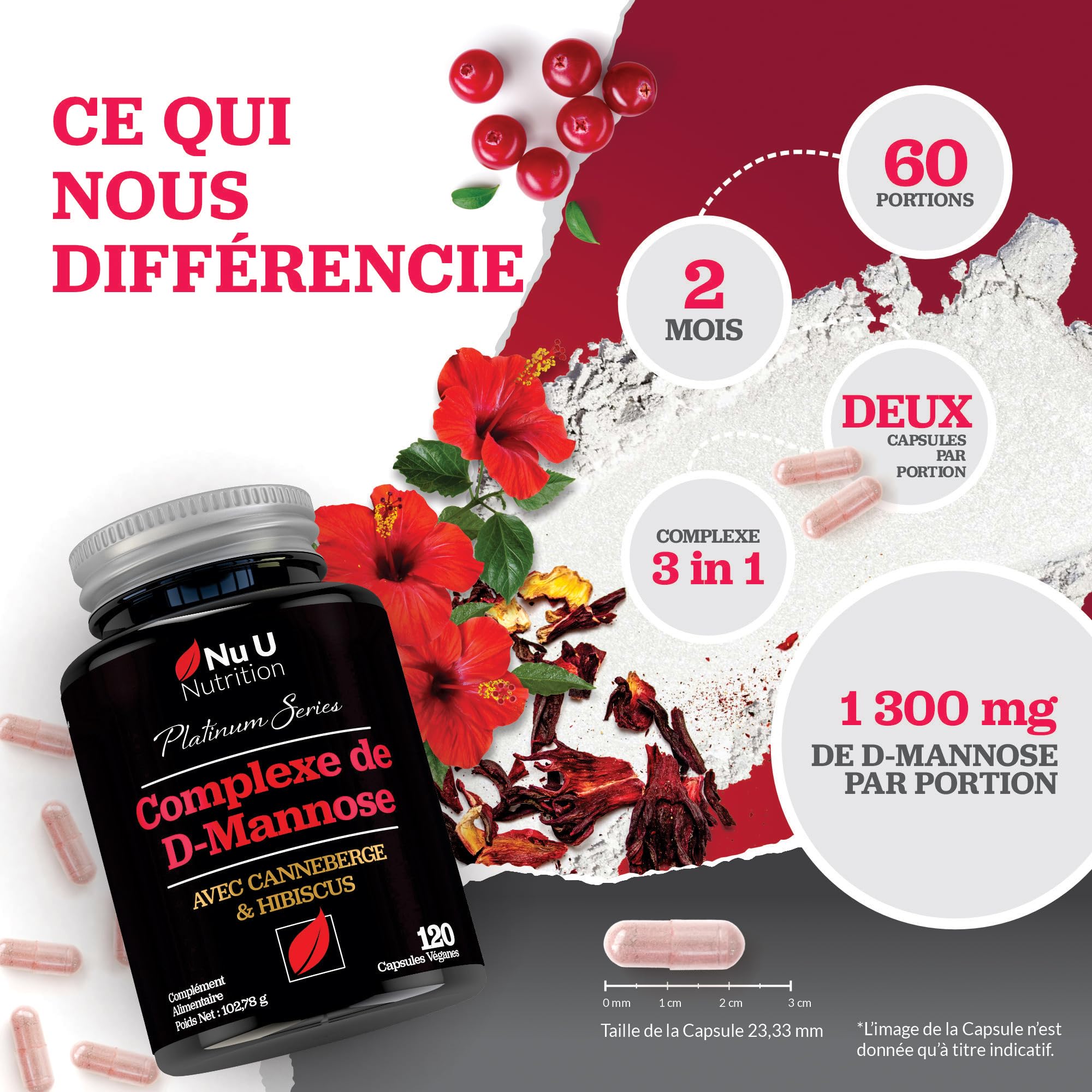 D-Mannose - 120 Capsules Véganes - Complexe 3 en 1 avec Extraits de Canneberge et d'Hibiscus - Soutien Naturel pour les Femmes - Fabriqué en Europe - Nu U Nutrition