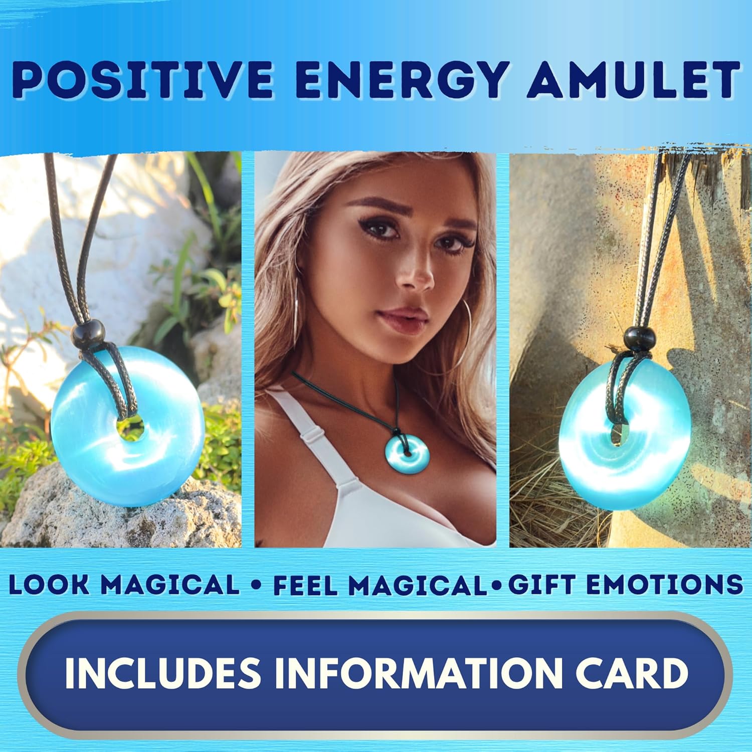 Atlantis Lucky Coin Shaped Donut Pendant Necklace - 40mm Simulated Sky Blue Cat's Eye Crystal - Ocean Portal Positive Energy Amulet - Adjustable Cord Protection Powers Talisman - Good Luck Sacred Circle Spiritual Jewelry Gift - Image 5