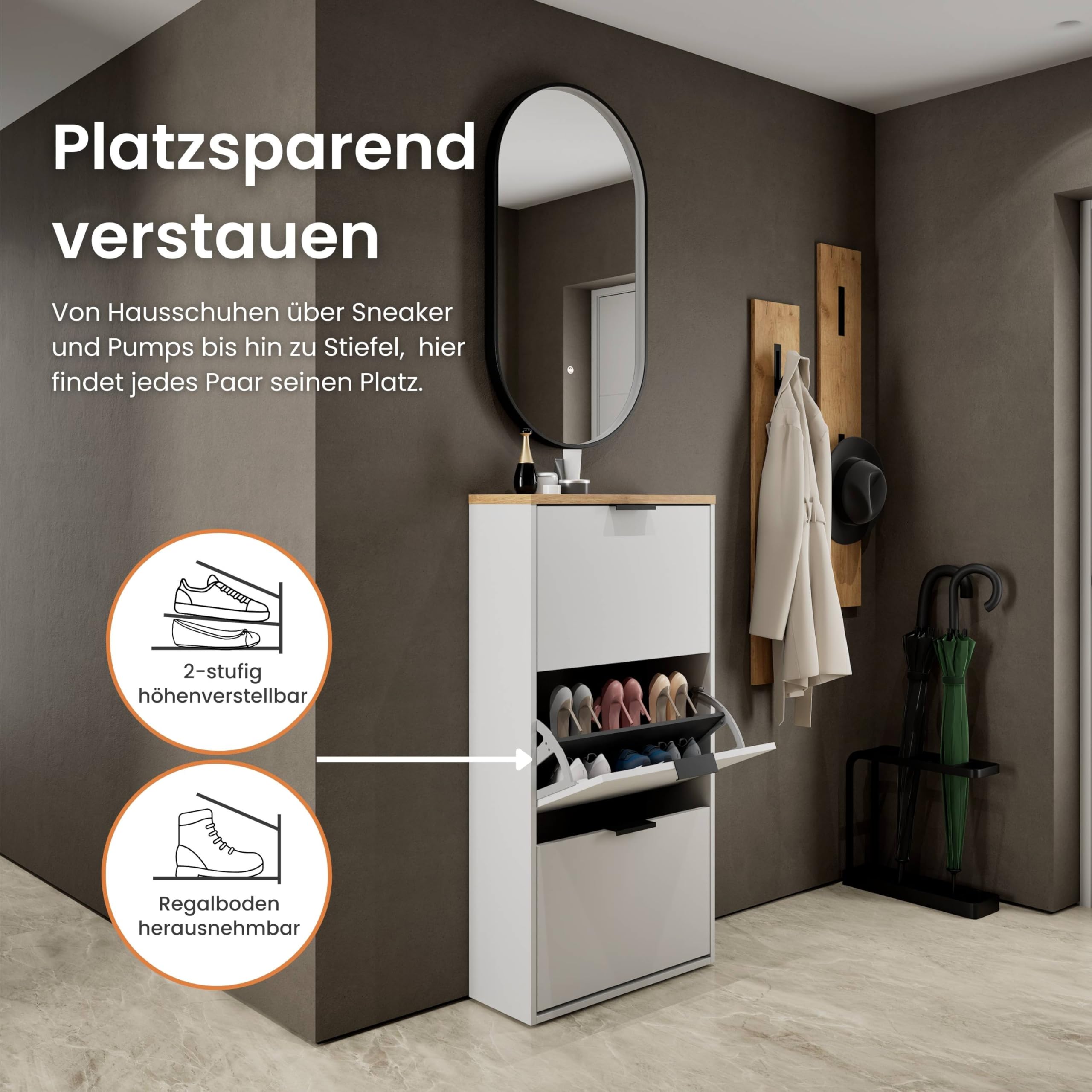 Planetmöbel Schuhschrank schmal inkl. ovaler Spiegel mit Beleuchtung (3 Lichtstufen), Schuhkommode mit 3 Klappen Schuhregal mit 6 Ablagen, Garderobe