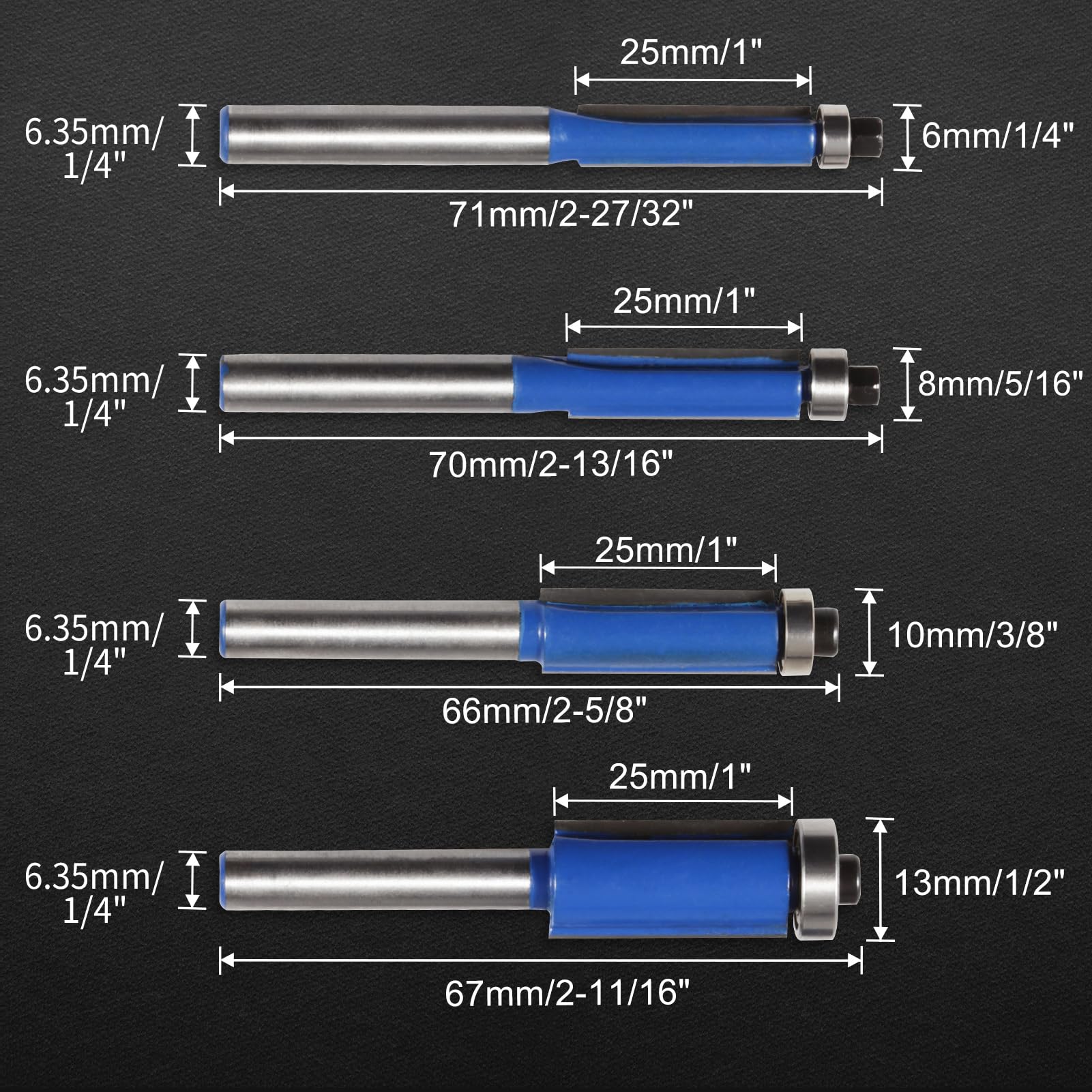 LEONTOOL Lot de 4 fraises à défoncer de 6,35 mm avec tige supérieure de 6,35 mm - Outil de fraisage du bois pour couper les bordures d'étagère, le placage ou les stratifiés