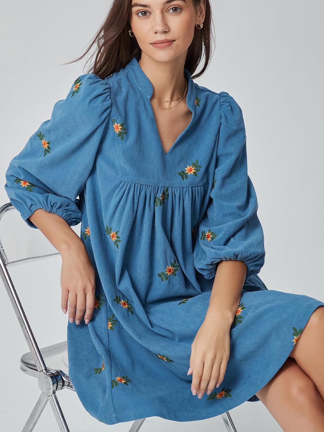 Corduroy Dress Women Embroidered Fall Winter Empire Waist V Neck Babydoll Mini Dress with Pockets - Image 7