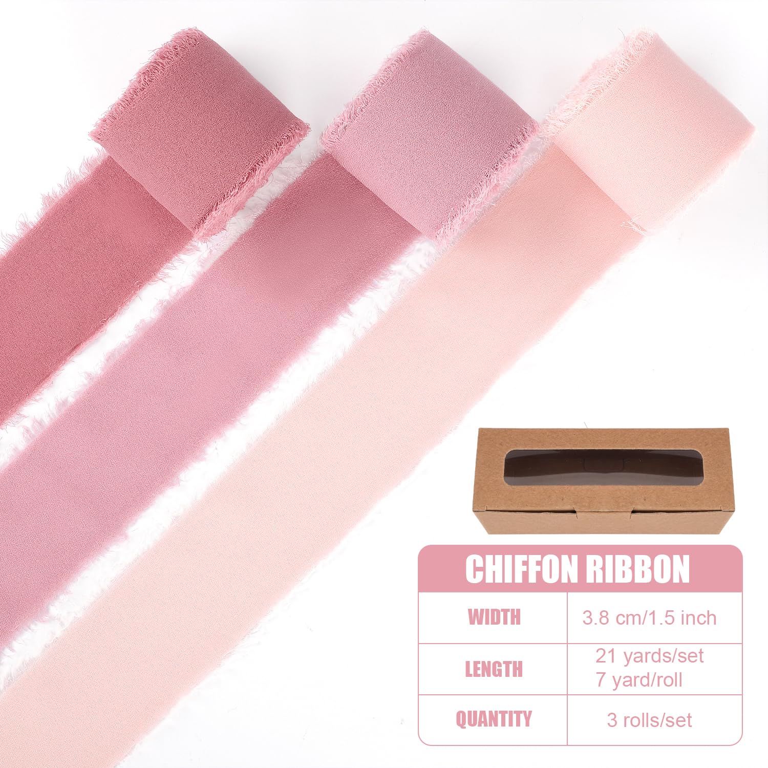 Ruban Mousseline Soie 3 Rouleaux - 4cm X 5m - Rose/Vert - Déco Cadeau, Mariage, DIY - 15m Total