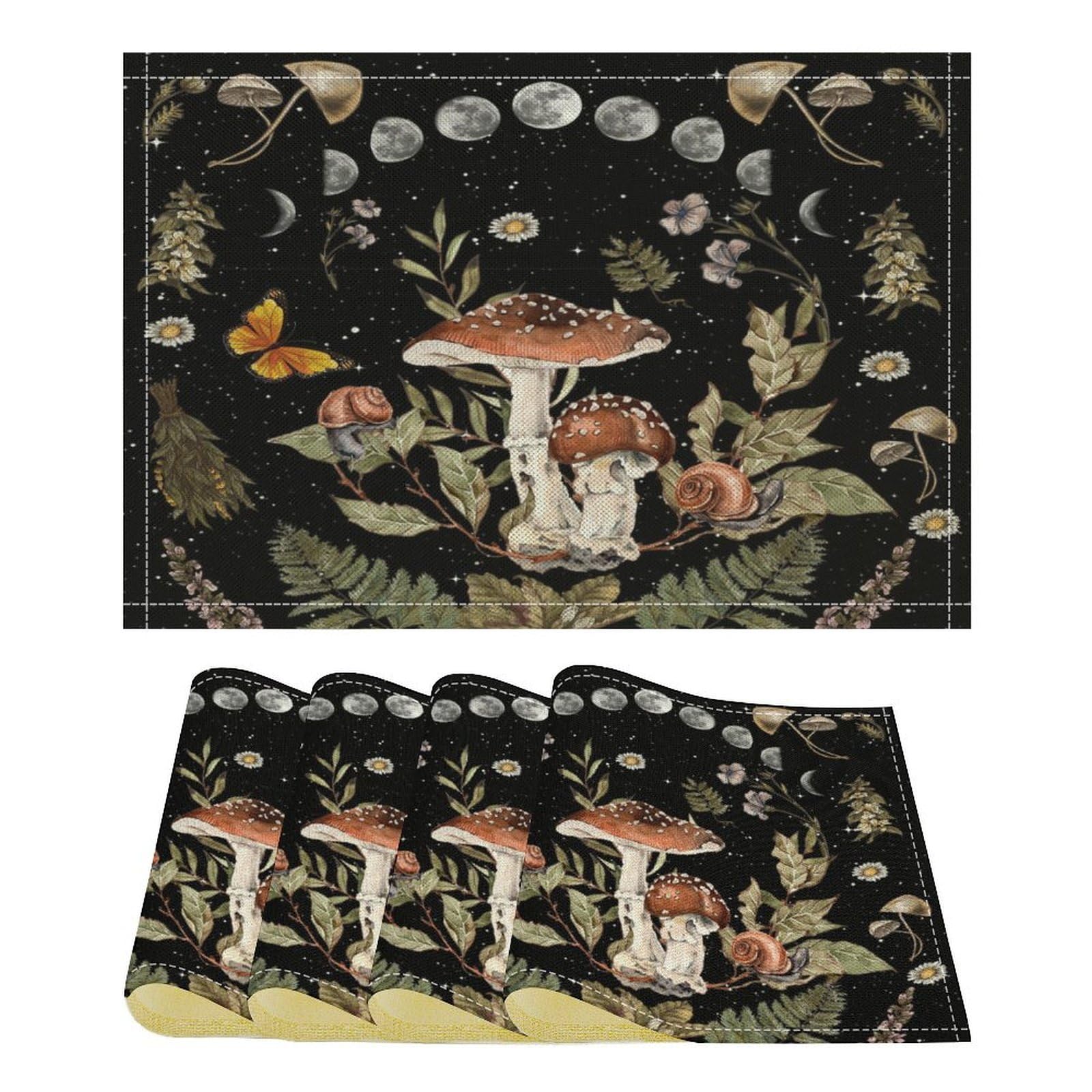 YCness Mushroom Kitchen Placemat, Boho Vintage Wild Flower Gothic Witchy Moonlit Forest Plant Linen Placemat for Home Party Kitchen Living Room 18x12