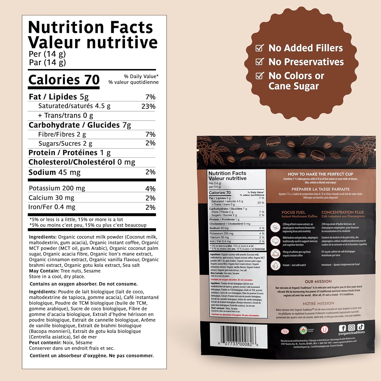 ORGANIC TRADITIONS Organic Focus Fuel Mushroom Instant Coffee, 140 GR