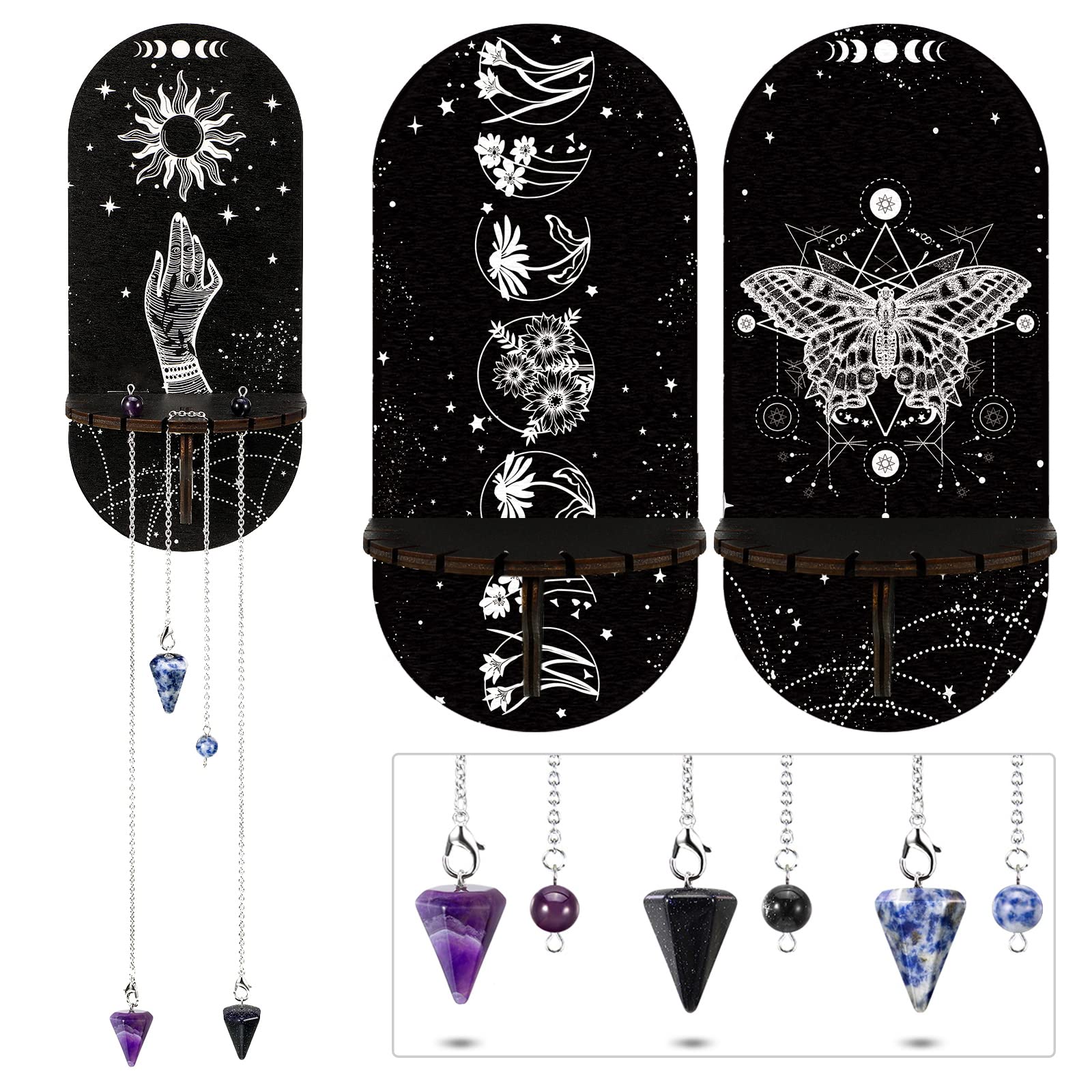 Queekay 3 Pieces Small Crystal Shelf Display Black Butterfly Crystal Shelf Magical Boho Hand Moon and Stars Rack Witch Stuff Wooden Moon Phases Holder