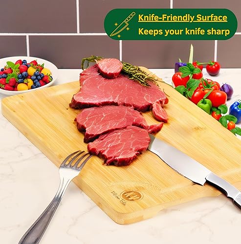 Miniatura 4 de Juego de 3 tablas de cortar de bambú para cocina, juego de 3 tablas de cortar de bambú con ranura para jugo y asas laterales, tabla de cortar gruesa