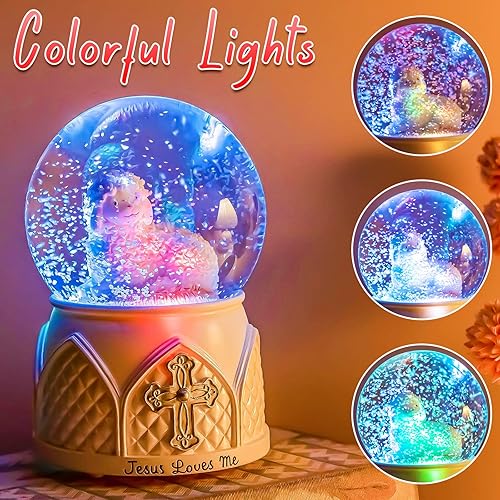 Miniatura 6 de Jesus Loves Me Snow Globe, Jesus White Lamb Baptism Music Box, Religious Gift for Pastors Girls Wife Girlfriends Friends Easter Birthday Present