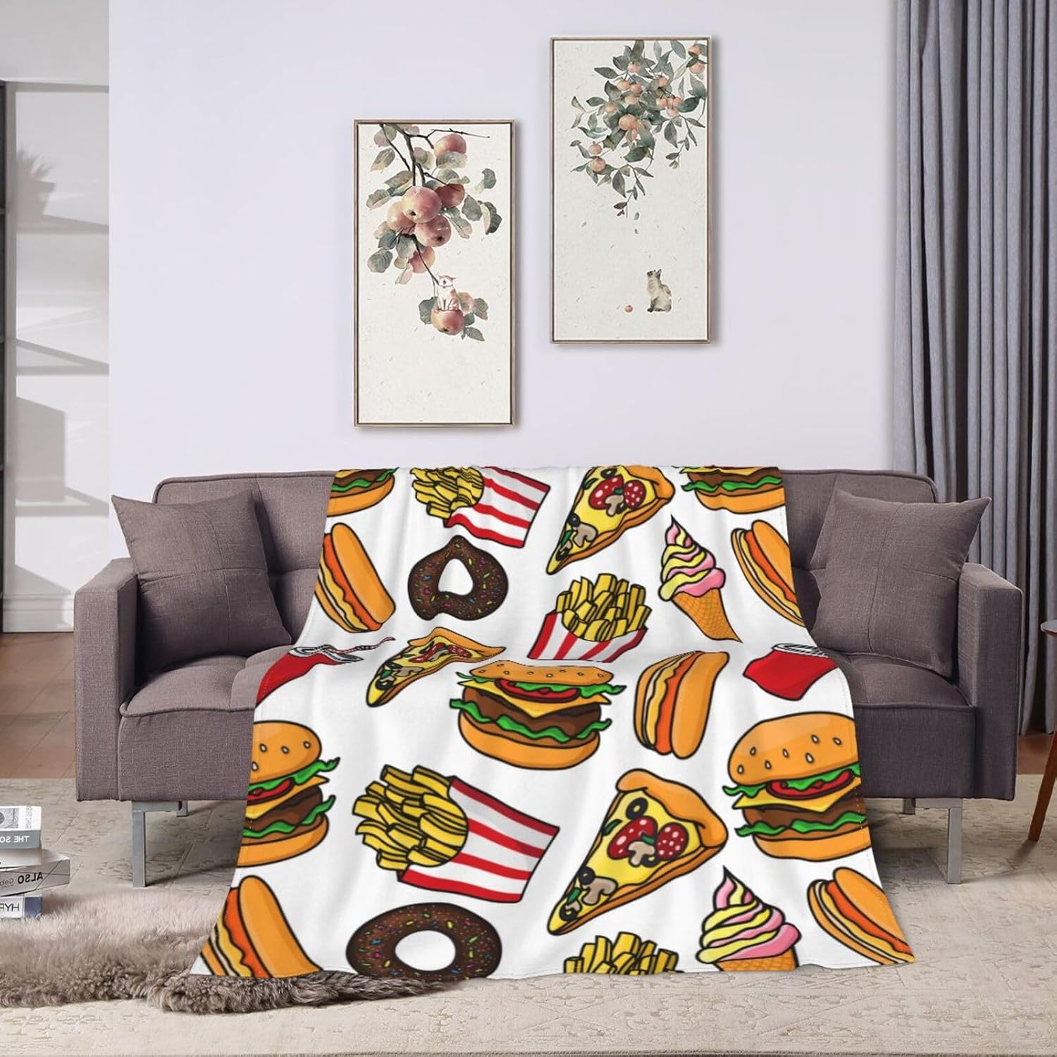 Fun Food Drinks Hamburger Pattern Throw Blanket Super Soft Warm Bed Blankets for Couch Bedroom Sofa Office Car, All Season Cozy Flannel Plush Blanket Gifts for Girls Boys Teens Adults 60"x50"