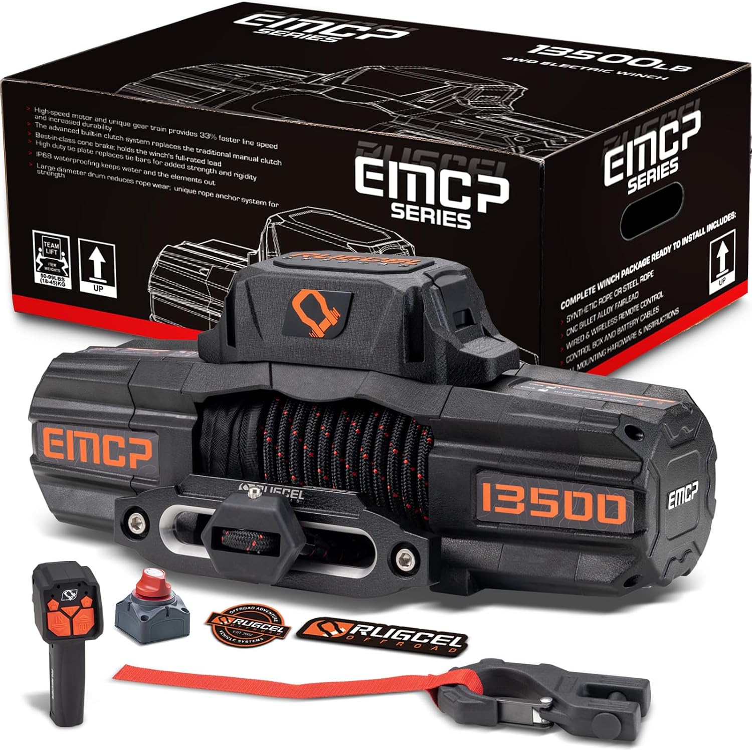 RUGCEL EMCP 13500lb Waterproof Electric Winch – 12V Synthetic Rope with Hawse Fairlead, 2-in-1 Infrared Remote, Auto Clutch & Dual-Color Rope, for Truck/SUV