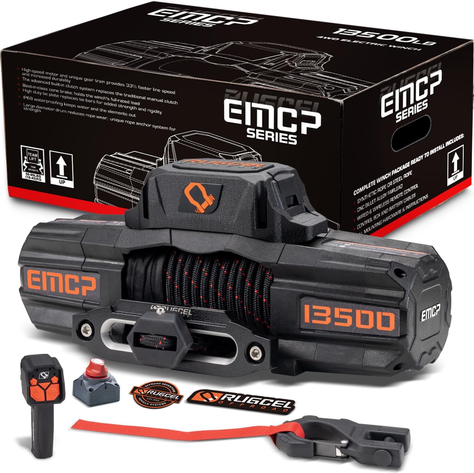 RUGCEL EMCP 13500lb Waterproof Electric Winch – 12V Synthetic Rope with Hawse Fairlead, 2-in-1 Infrared Remote, Auto Clutch & Dual-Color Rope, for Truck/SUV