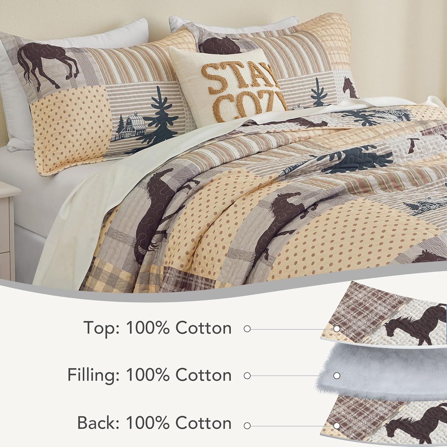 Cabin Horse Queen Size Quilt Set - Rustic Animal Patchwork Queen Quilt with 2 Shams, Wildlife Plaid Quilt Bedding Set, 3 Piece Prewashed Lightweight Bedspread Set for Queen Bed, Beige Tan Brown | Lodge Alaska