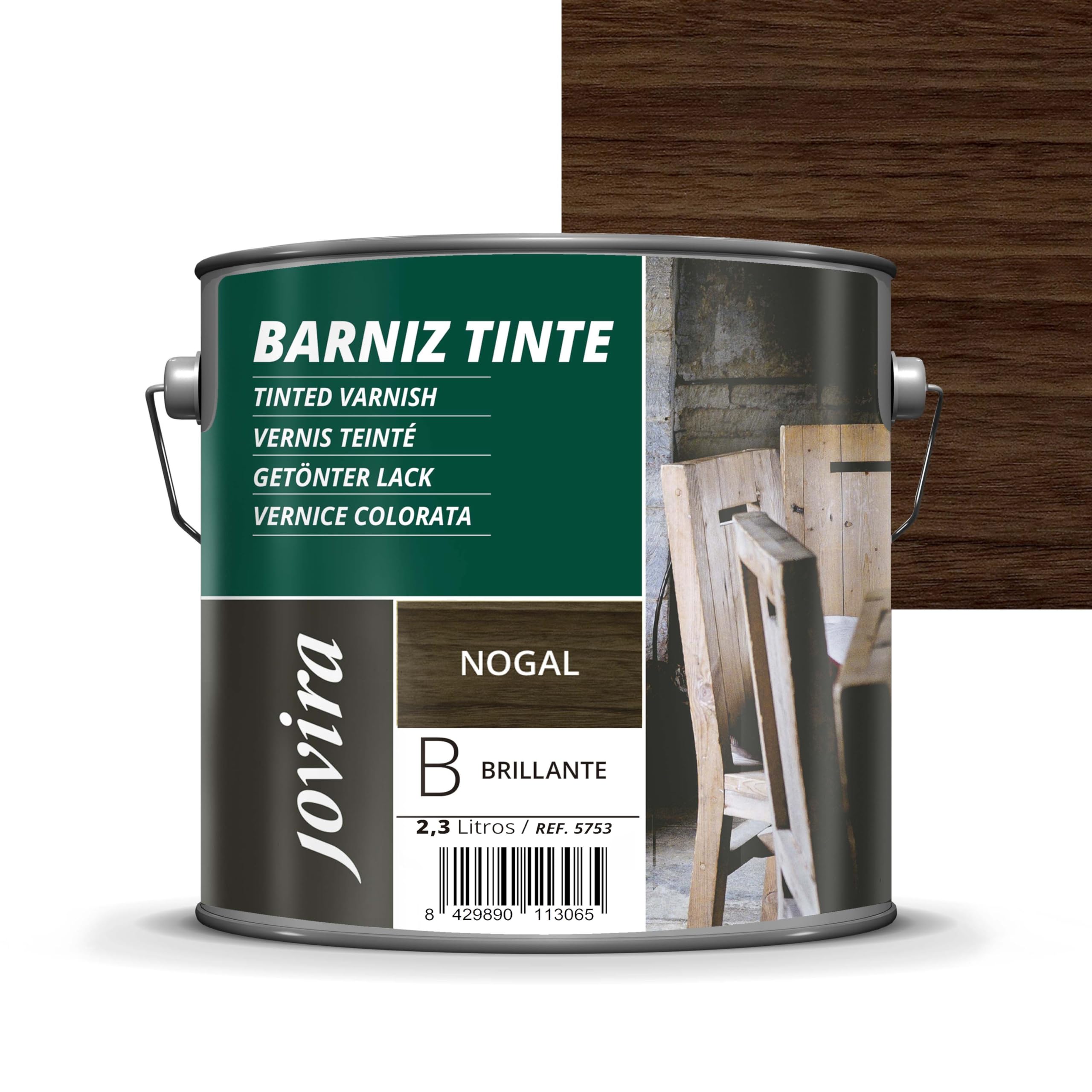 JOVIRA PINTURAS Barniz Brillante Tinte (6 colores). Barniz para madera. Protege, decora y embellece. (2,3 Litros, Nogal) D-2