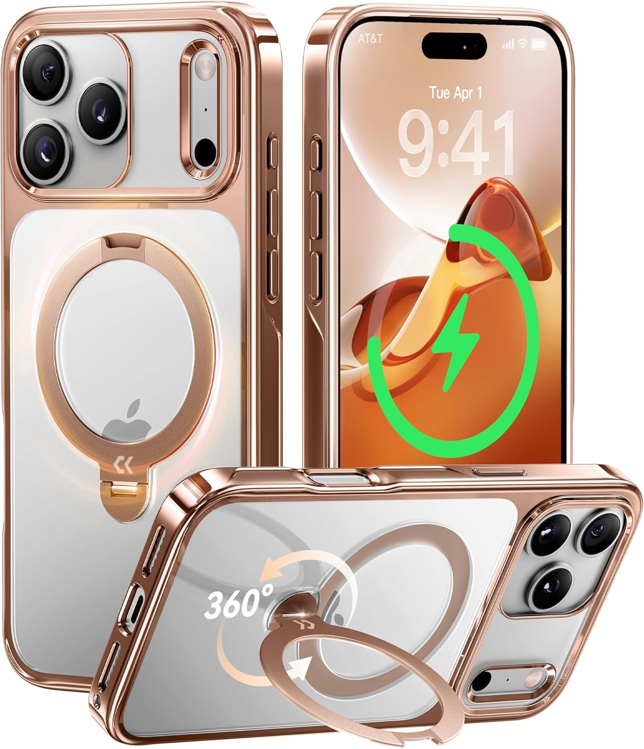 CASEKOO Rose Gold Glossy for iPhone 17 Pro Max Case [360 Spin Magnetic Stand][Fit for MagSafe][17FT Military Protection] Slim Polished Frame Titanium Alloy Sturdy Stand 6.9", Rose Gold