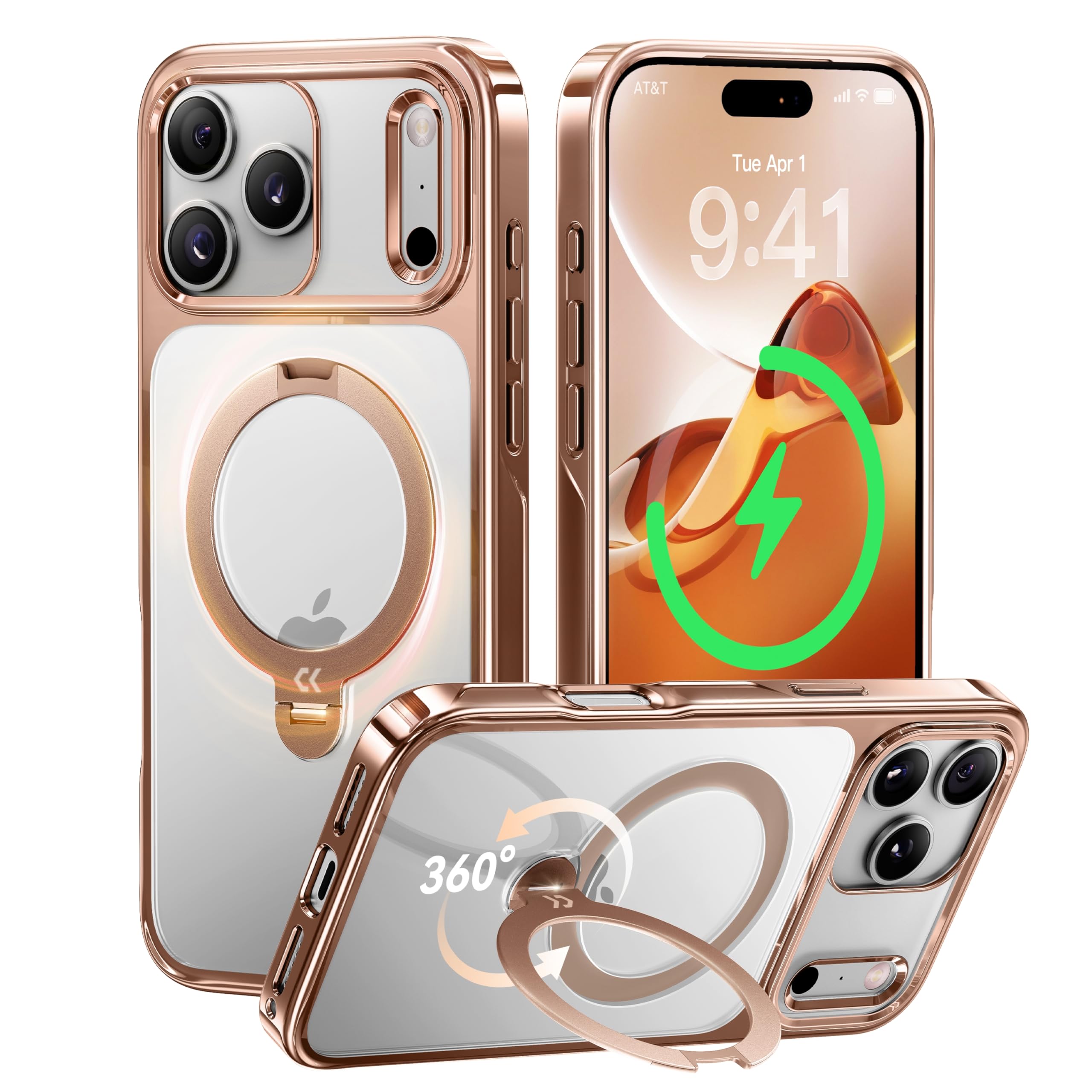 CASEKOO Rose Gold Glossy for iPhone 17 Pro Max Case 360 Spin Magnetic Stand Fit for MagSafe 17FT