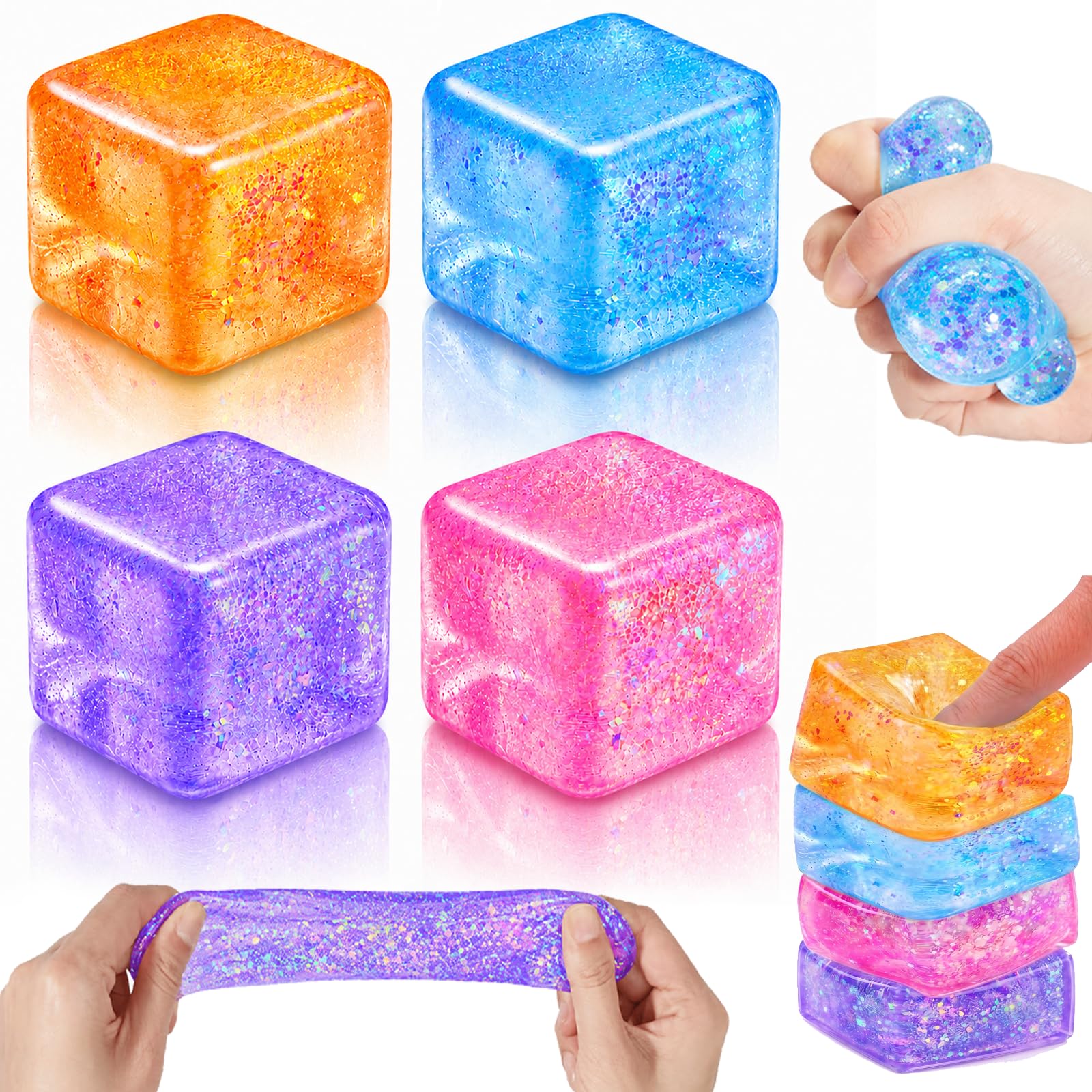 4Pacs Glitter Ice Cube Squishy Toys, Sensory Fidget Toys for Adults & Kids, Sugar Nice Cube Stress Balls, Slow Rising Squeeze Toys for Stress Relief, Birthday Gifts Party Favors