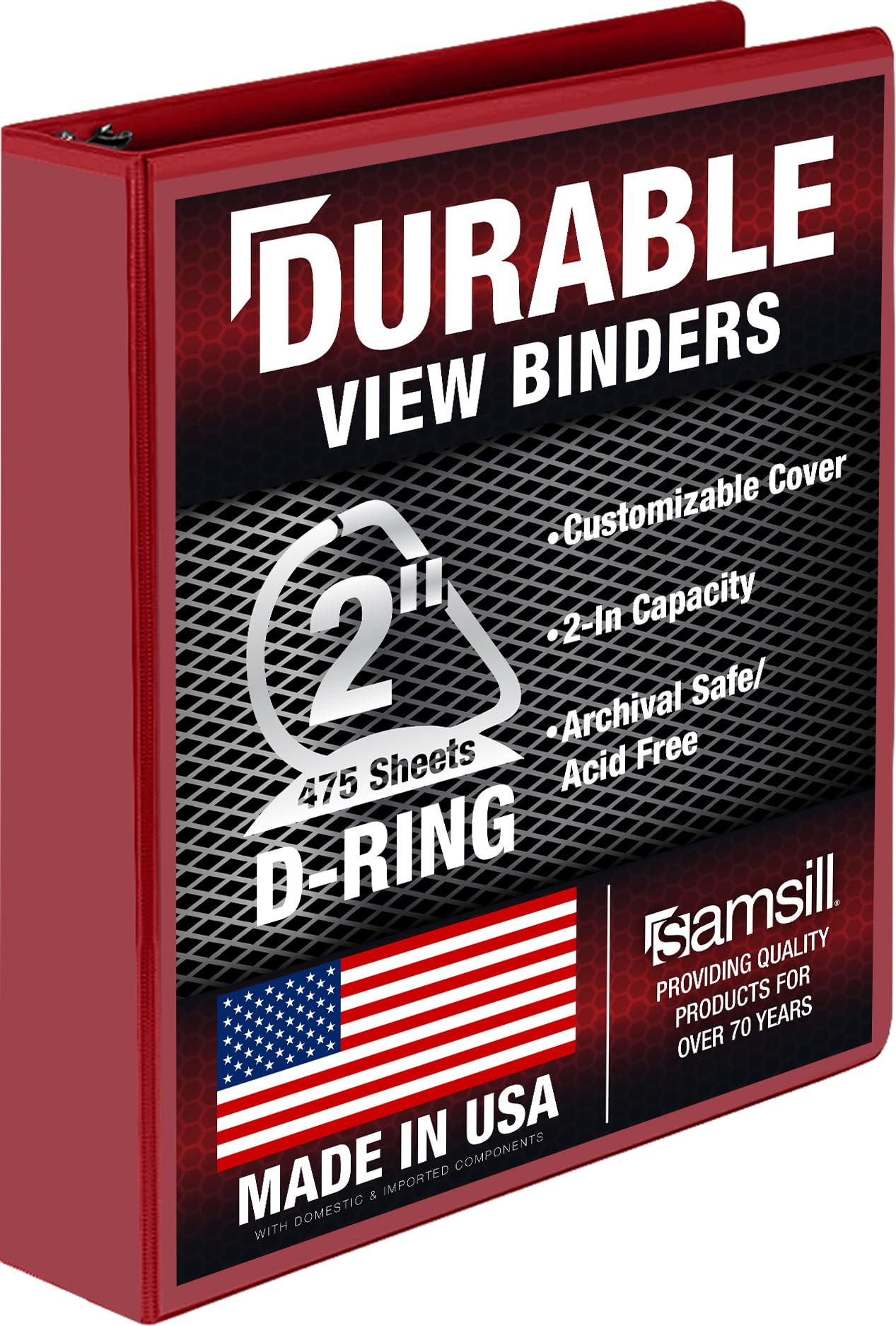 Samsill Durable 2 Inch Binder, D Ring Binder, Customizable Clear View Cover, Ruby Red, Holds 475 Pages