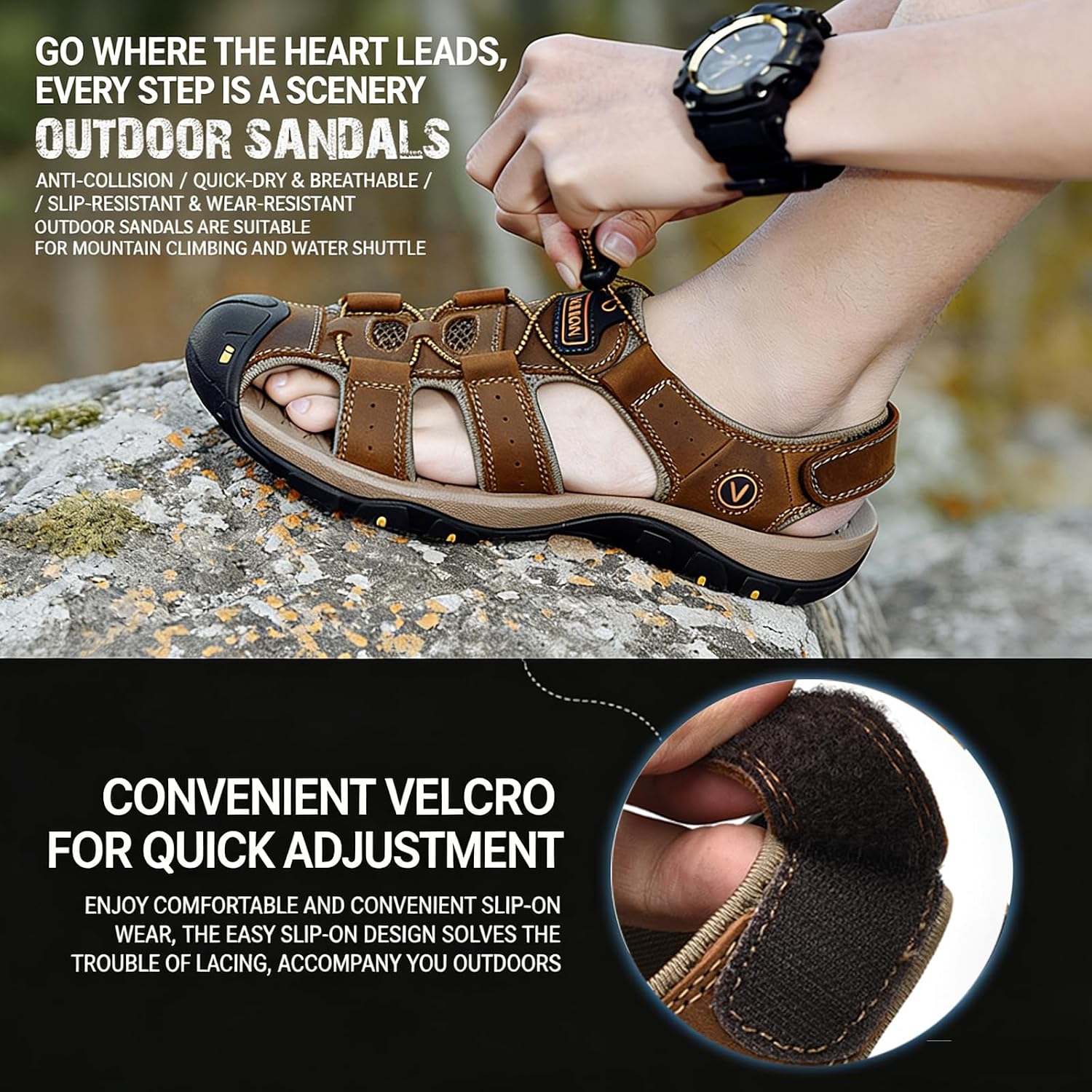 Men's Genuine Leather Sport Sandals Comfort Platform Non-Slip Hiking Sandals with Arch Support Lightweight Closed Toe Outdoor Trail Water Shoes