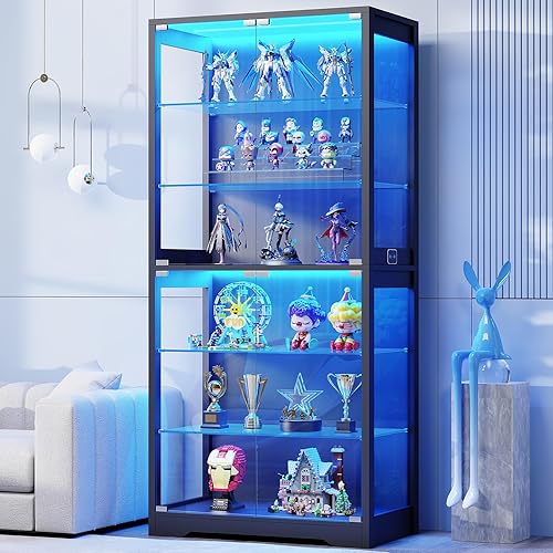 BROTTAR Display Cabinet with Glass Door, 6-Tier 71" Curio Cabinet with 3 Color Lights for Collectibles, Display Case with Adjustable Glass Shelves, Human Body Sensor, Storage Cabinets, Black