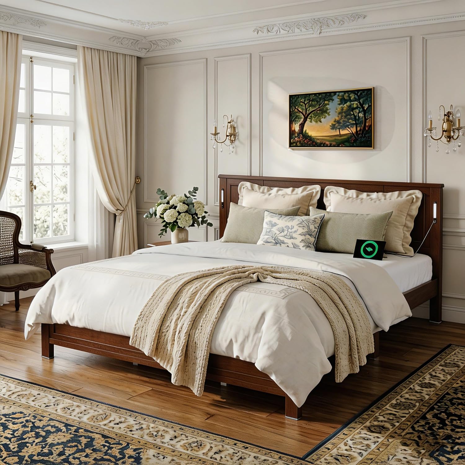Wood Bed Frame Queen Size - Heavy Duty Queen Platform Bed with Built-in USB and LED; Noise-Free No Box Spring Needed Wooden Bed Frame Walnut Farmhouse Bedframe with Headboard