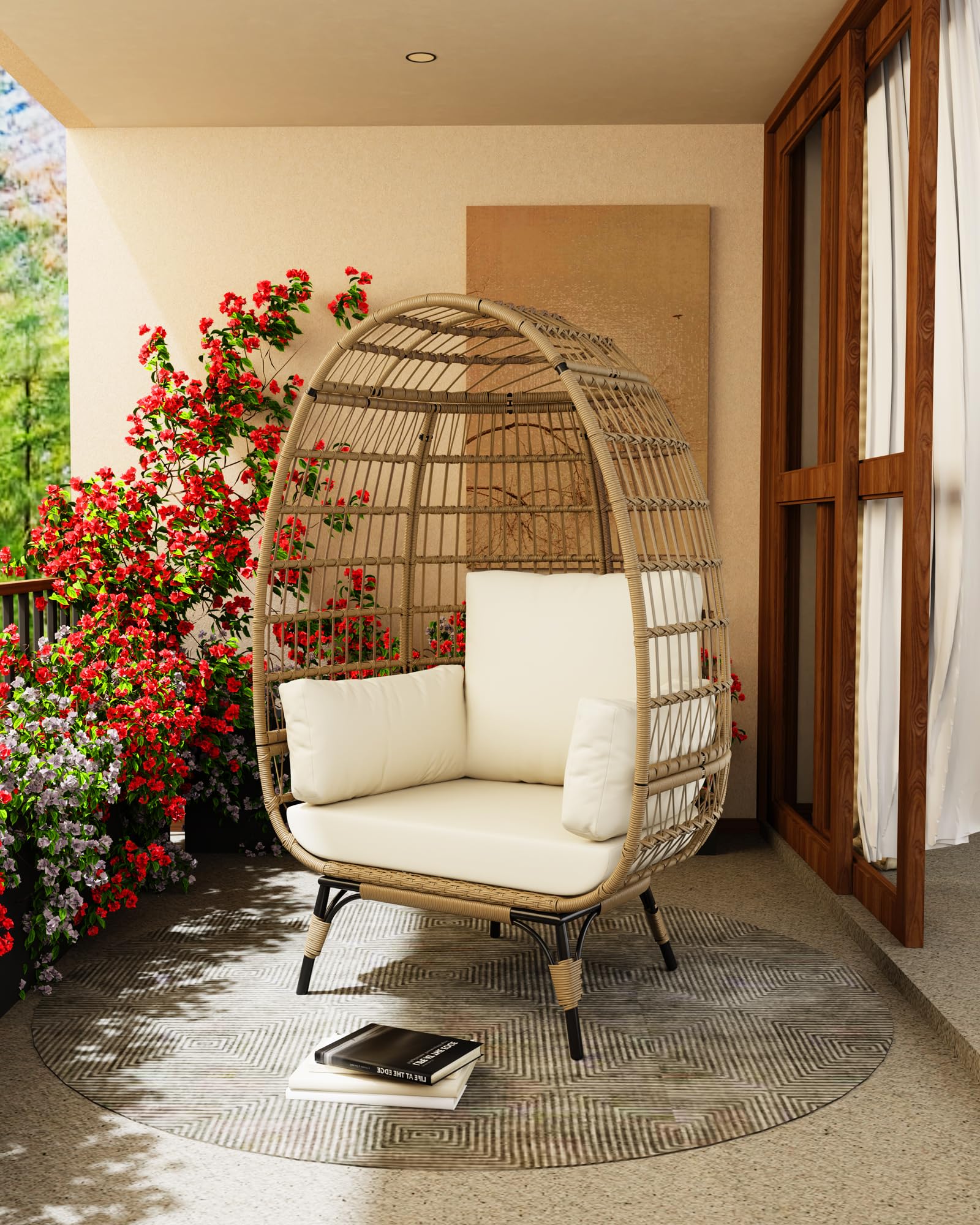 GarveeLife Oversize Rattan Egg Chair Indoor/Outdoor Wicker Egg Basket Lounge Chair Egg-Shaped Chair w/Steel Frame Stand and 4 Cushions for Patio, Porch, Beige
