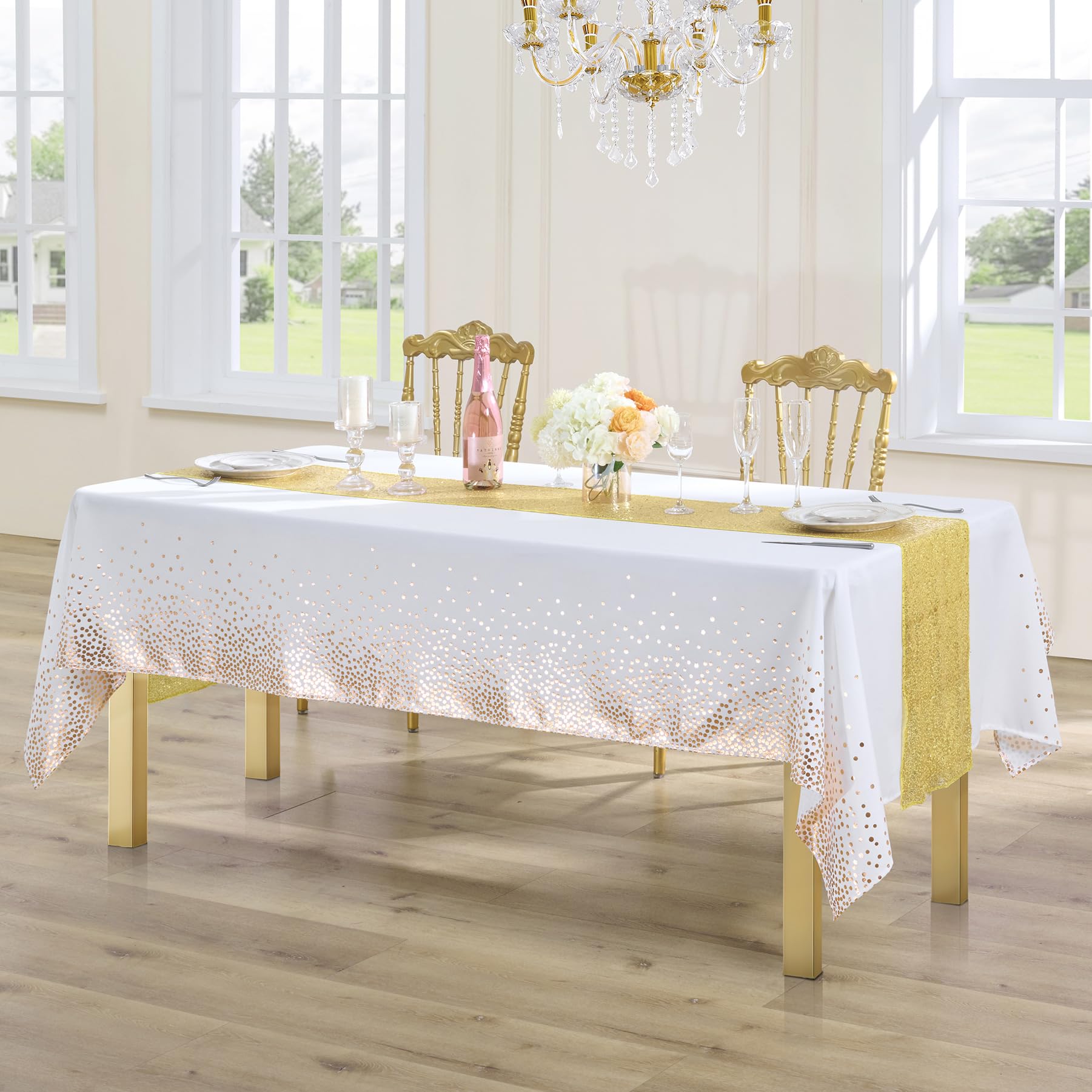 gogoparti Tischdecke mit goldfarbenen Punkten und Pailletten, goldfarben, für rechteckige Tische, 137,2 x 274,3 cm, 4 Stück 137,2 x 274,3 cm große Polyester-Tischdecken und 4 Stück 76,2 x 274,3 cm