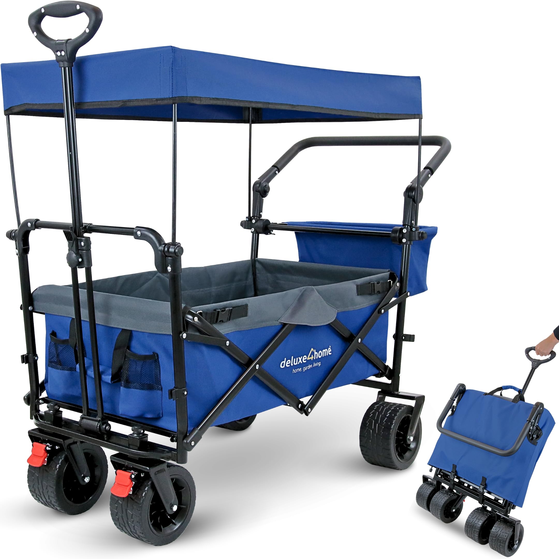 Bollerwagen Faltbar mit Dach Blau/Grau I Mit 360° Reifen & Bremsen I Handwagen Transportwagen 100L I Campingwagen Trolley bis 120kg I Drehbarer Griff