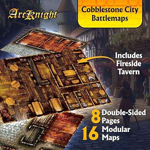 Arcknight The Cobblestone City - Mapas de batalla para juegos de rol; 16 mapas modulares RPG en 8 páginas de doble cara, cuadrícula cuadrada de 1