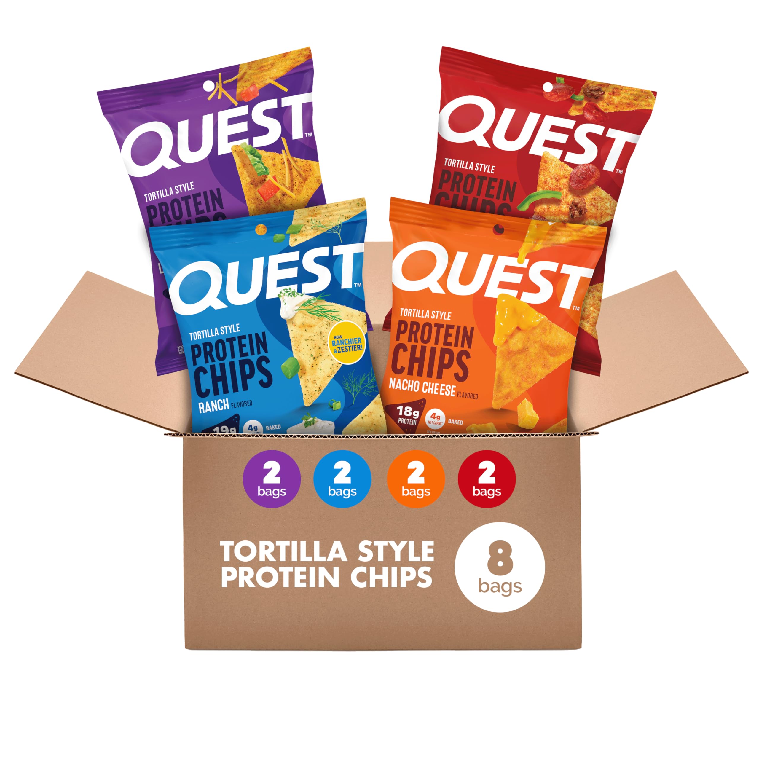 Quest Nutrition Tortilla Style Protein Chips, Variety Pack, 8 Count | Pizza, Loaded Taco, Nacho Cheese, Ranch, 2 Each Flavor, 18-19g Protein, 4g Net Carbs, Baked Chips, Individual 1.1oz Bags Variety 8 Count (Pack of 1)