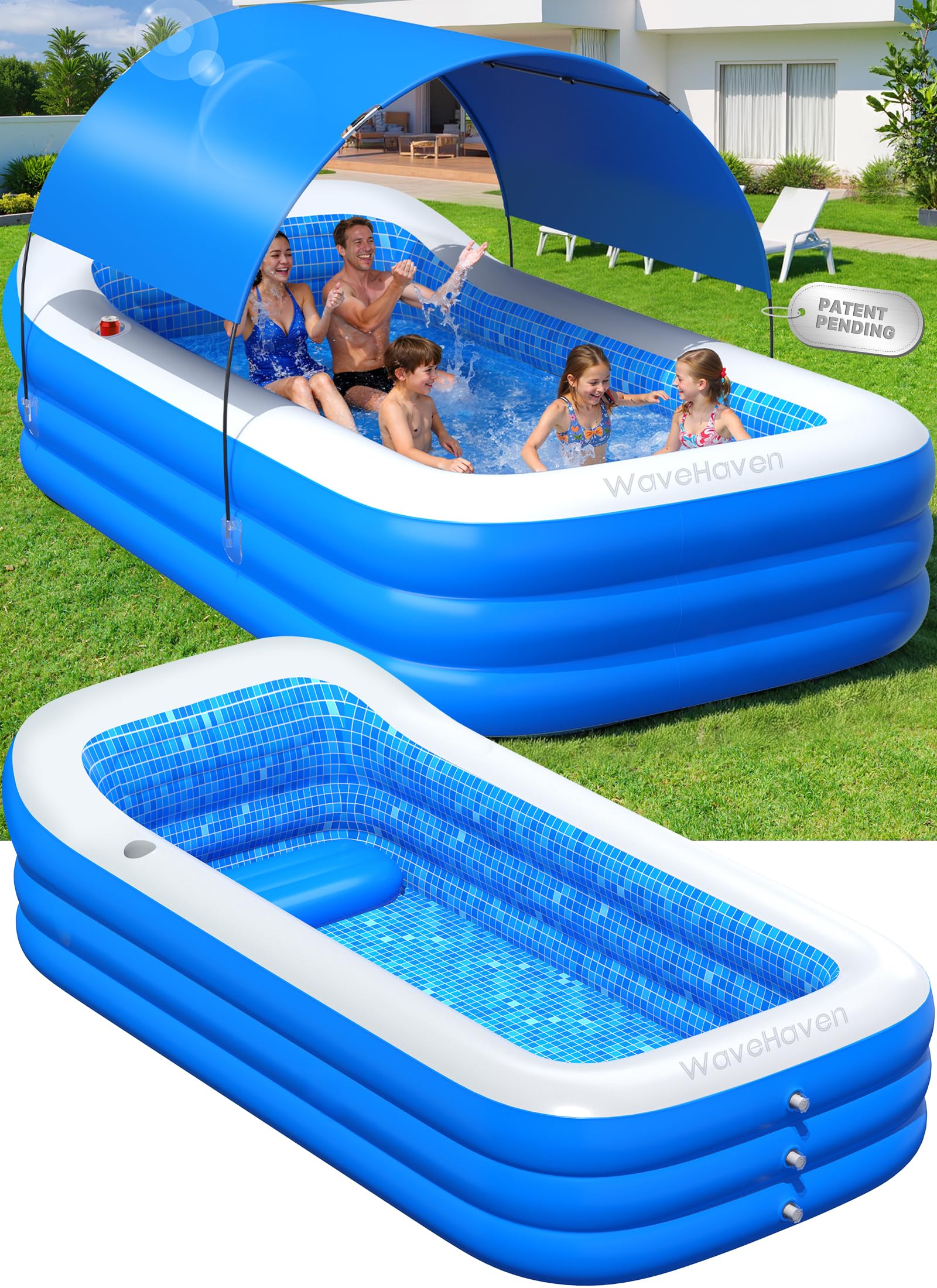 WaveHaven 2026 Inflatable Pool with Canopy,Upgraded Blow Up Pool for Adults&Kids,Large Inflatable Pool with Seat and Big Backrest,Kiddie Pool with Shade,Kid Swimming Pool for Backyard 110"x63"x20"Blue