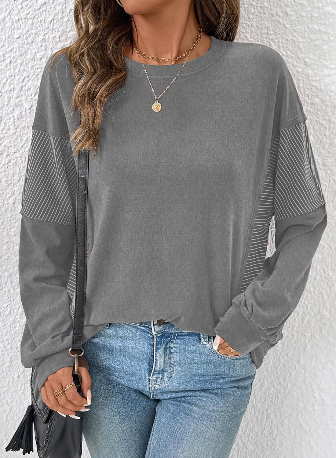 Dokotoo Oversized Crewneck Sweatshirt for Women Long Sleeve Soft Knit Tops Striped Contrast Tunic Shirts Fall Winter Clothes - Image 2