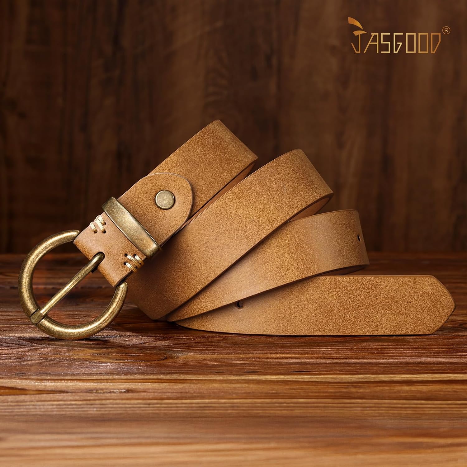 JASGOOD Women Leather Belt for Jeans Pants Vintage PU Leather Belt Solid Brass Circle Buckle for Ladies