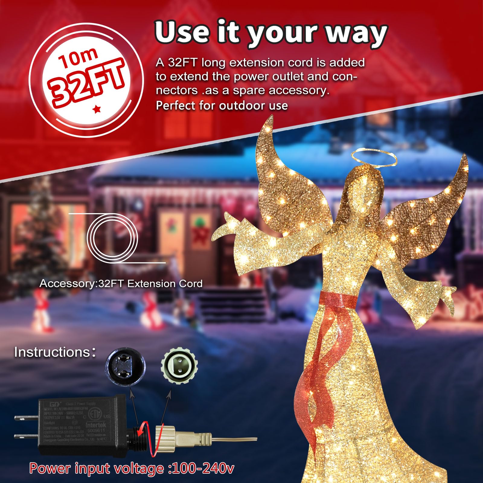 1,52 m Langer Weihnachtsengel für draußen – leuchtender Weihnachtsengel mit 120 LED-Lichtern für draußen – Elegante geflügelte Weihnachtsfigur für den Rasen - Gold
