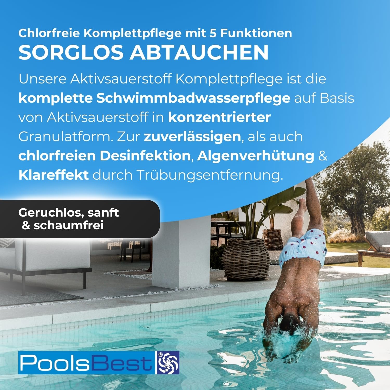 PoolsBest Aktivsauerstoff Pool Komplettpflege 4,48 kg I Aktivsauerstoff Granulat mit Klareffekt I 8 Doppelbeutel mit chlorfreiem Sauerstoffgranulat I Pool Sauerstoff zur Desinfektion & Algenverhütung