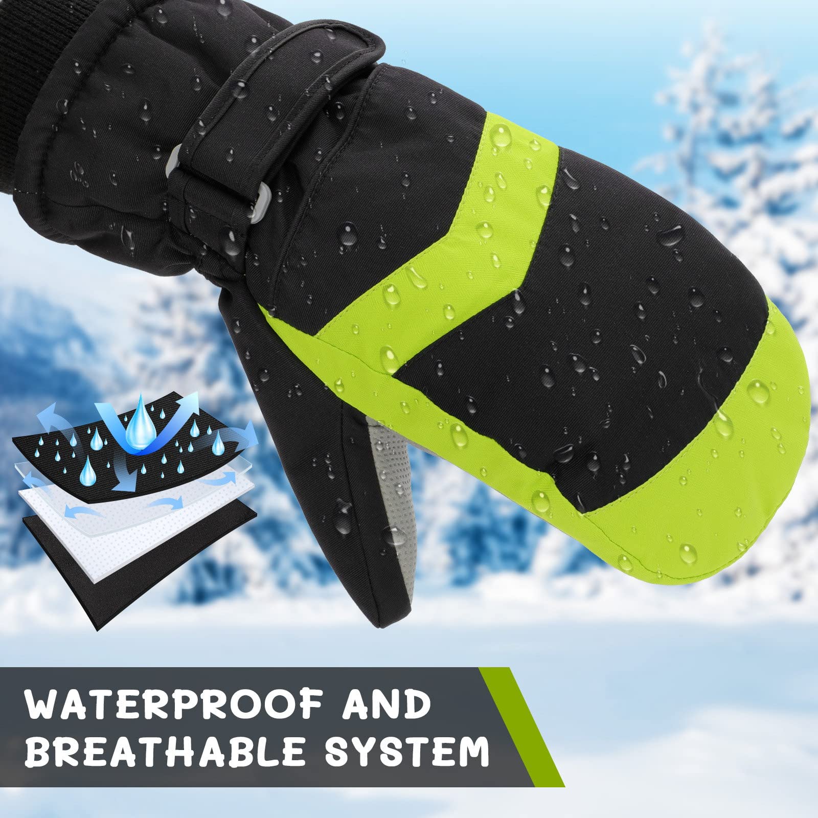 Homord Enfants Gants de Ski, 3M Thinsulate Moufles Impermeable et Chaud pour garçon Fille Gants Thermique Ski, Snowball,Snowboard en d'hiver 3-14 Ans