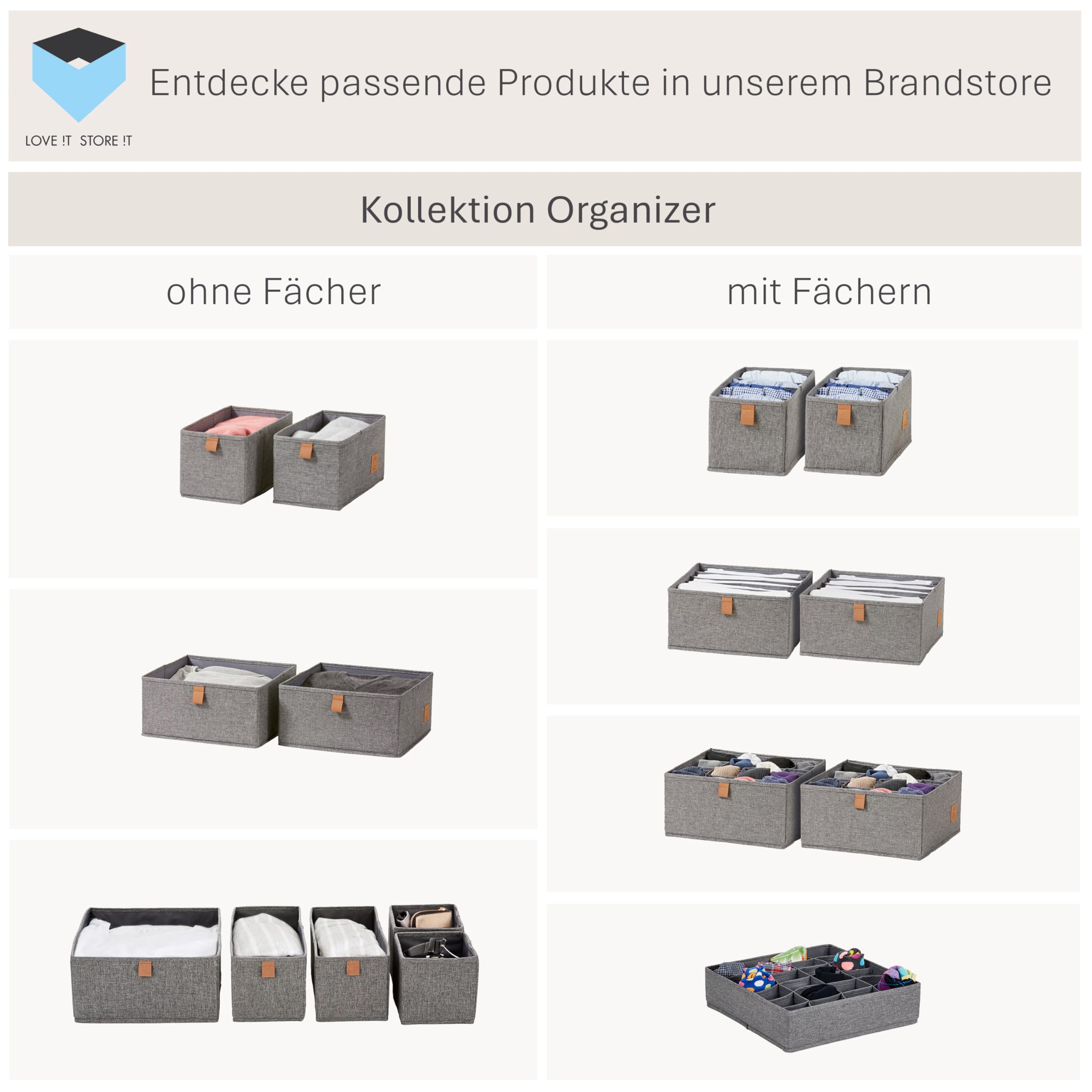 LOVE IT STORE IT - Premium - 3er Set Aufbewahrungsbox Stoff - Schubladen Organizer & Schrank Organizer aus Leinen für Kleiderschrank, Wickelkommode - Grau - 15x30x15 cm & 30x30x15 cm