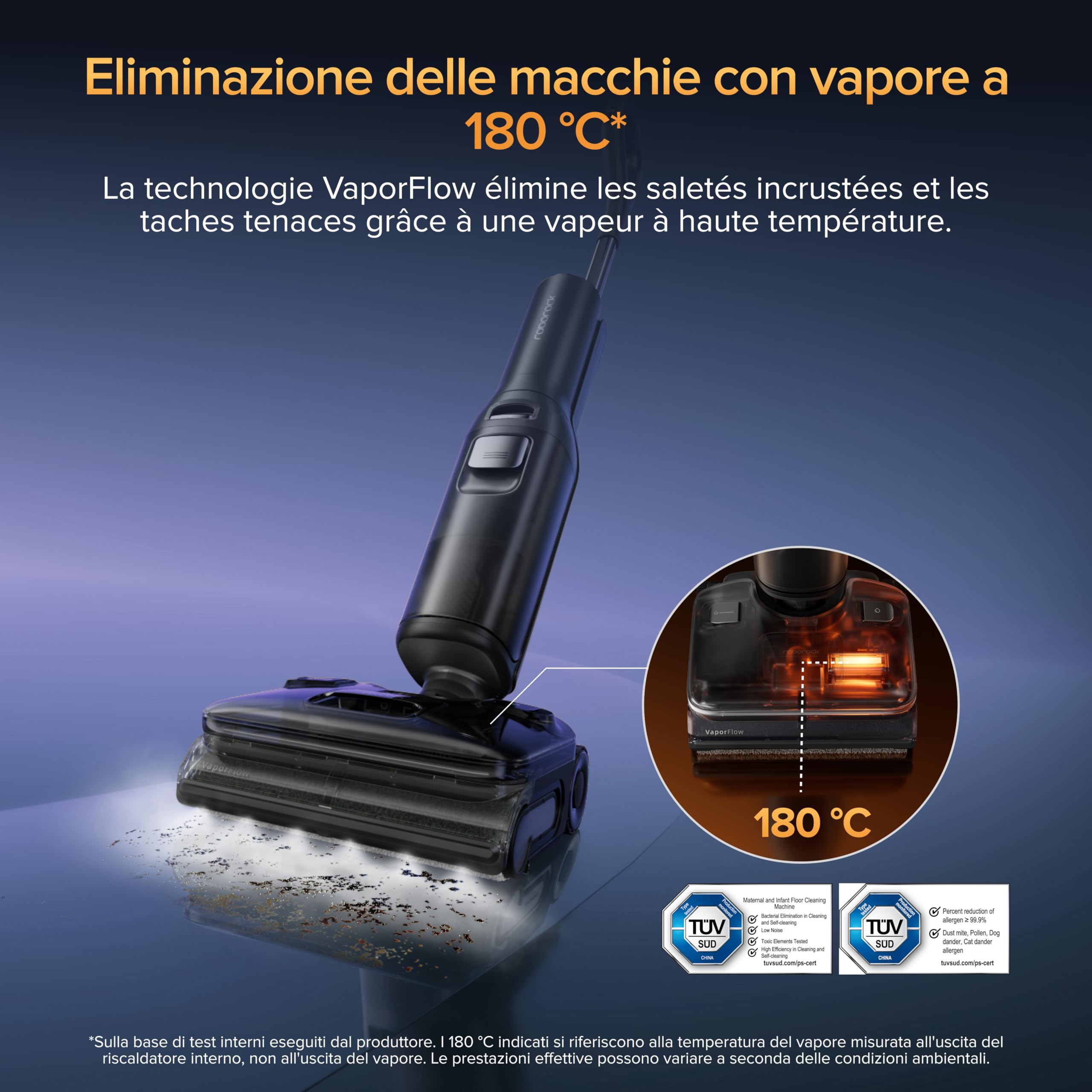 roborock F25 Ultra Aspirapolvere Lavapavimenti a Vapore Senza fili Riscaldamento a 180 °C, Lavaggio 86 °C, Asciugatura 90 °C in 5 min, Aspirazione 22 kPa, WiFi, Sistema Anti-groviglio.