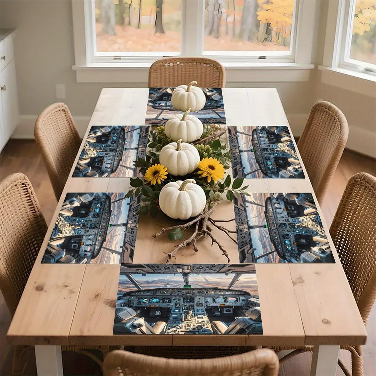 Airplane Cockpit Placemats Flax Place Mats for Dining Table Rectangle Non-Slip Table Mats Heat Resistant Washable Placemat for Kitchen Home Decor Party Outdoor 12" X 18"