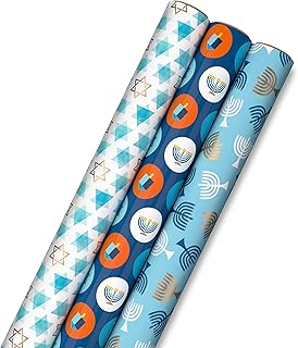 Hallmark Tree of Life Hanukkah Wrapping Paper with Cutlines on Reverse (3 Rolls: 120 Sq. Ft. Total) Blue and Gold Star of ...