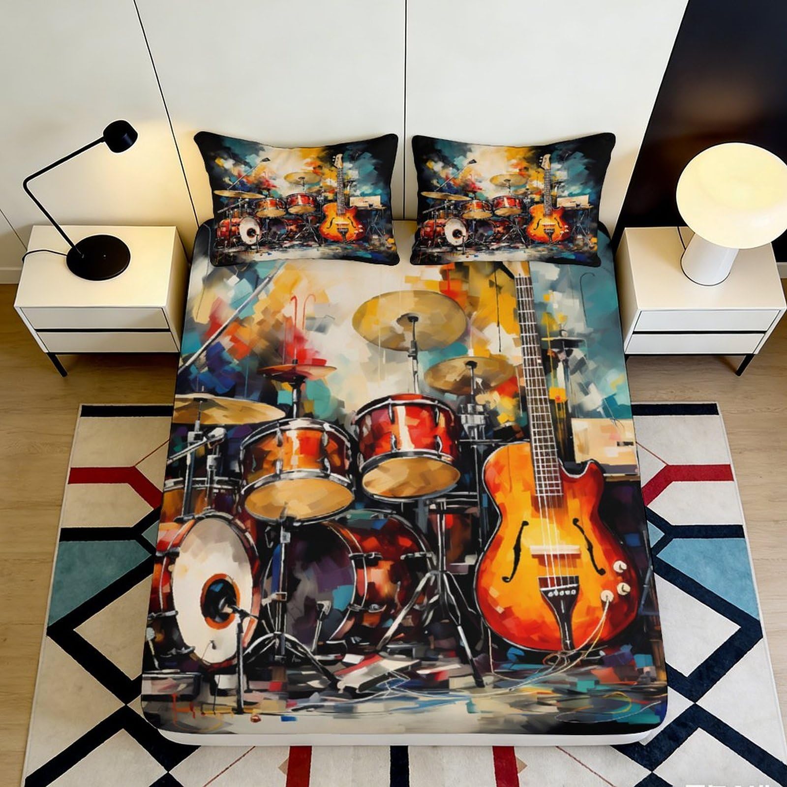 3D Printed Drum Set Fitted Sheet Microfiber Artistic Guitar Bed Cover for Bedroom Guest Room Easy Care Decor 90x200x25cm