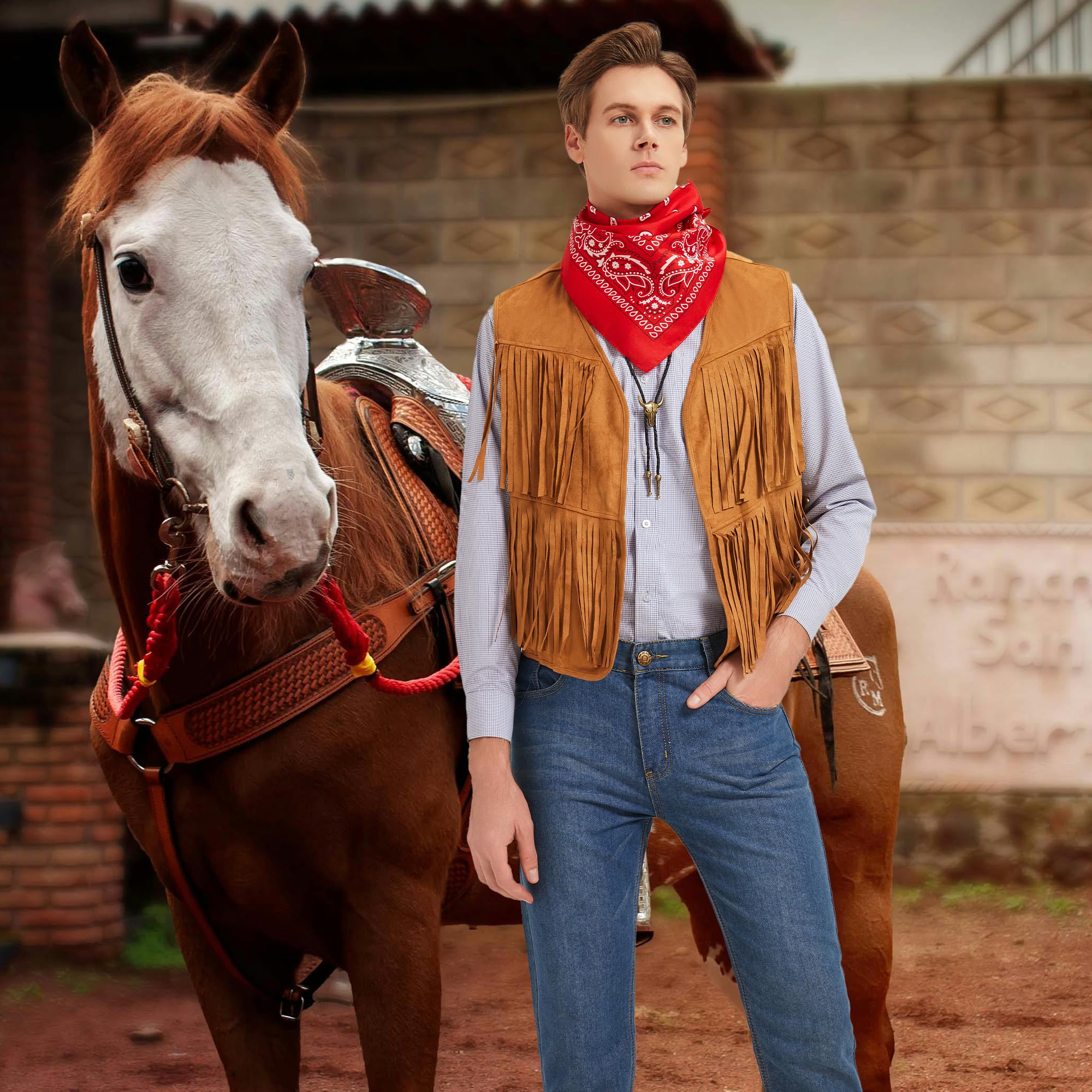 Disfraz de Vaquero para Hombres Cosplay Cowboy Chaleco con Flecos Sombrero Pañuelo Collar para el Carnaval Disfraces Hippie para Adultos