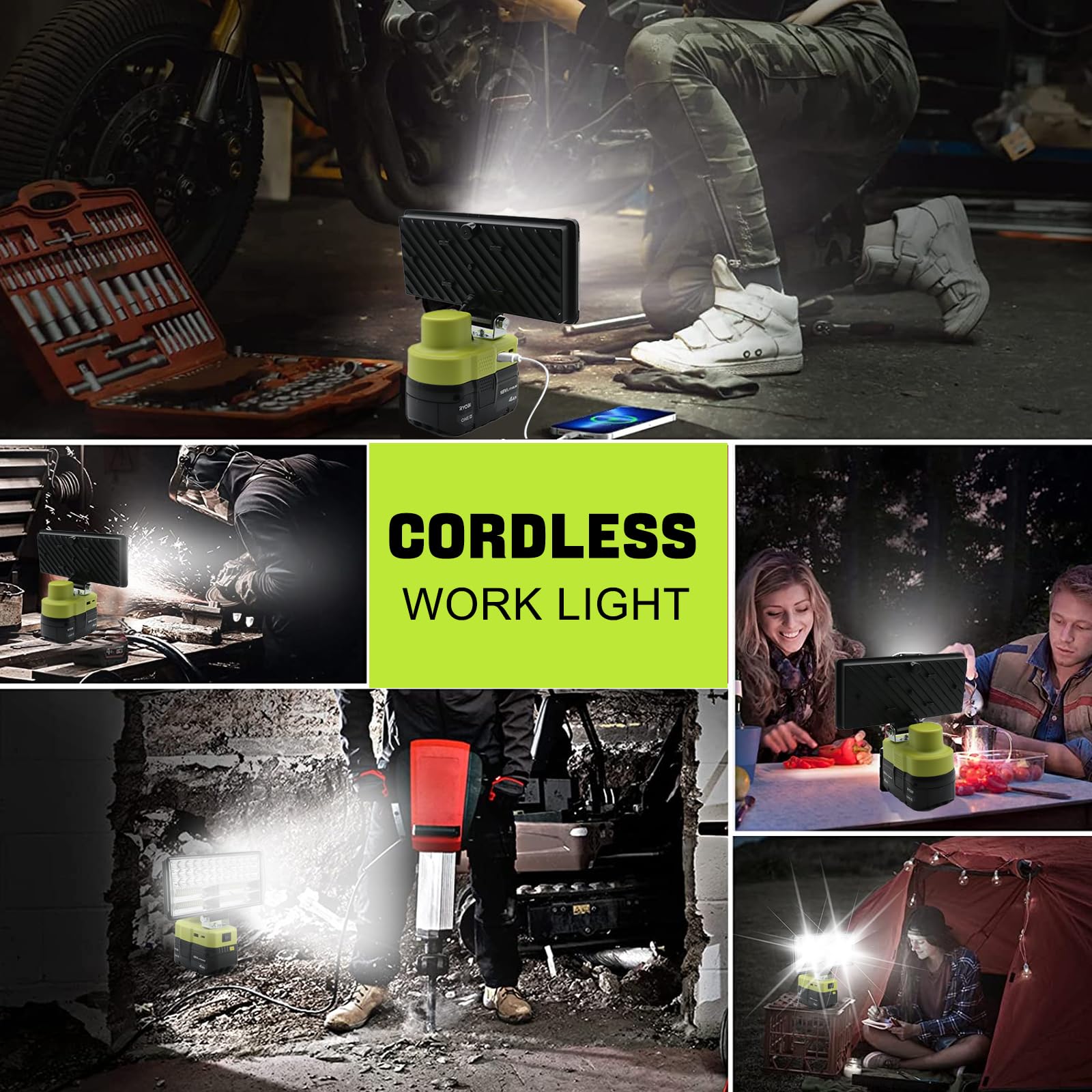 Lampe de travail compatible avec batterie RYOBI 18 V, 6 000 lm 40 W, lumière LED sans fil pour extérieur, randonnée, voiture, camping, garage, éclairage émergrncy (piles non incluses)