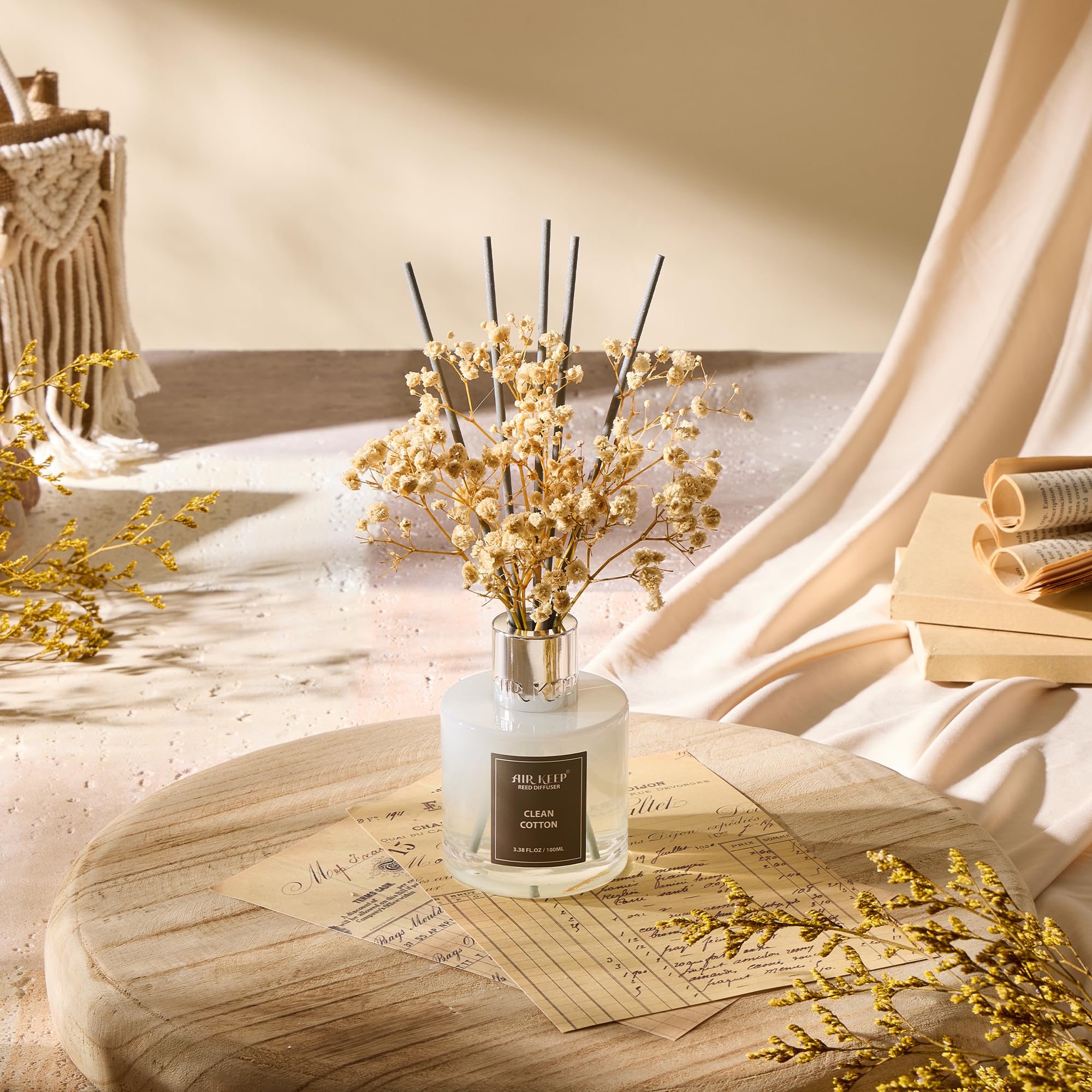 Airkeep Schilfrohr-Diffusor-Set, 100 ml – saubere Baumwollöl-Diffusoren mit 8 Schilfrohrstäbchen, Raumduft, Schilfrohr-Diffusor für Badezimmer-Regal-Dekor