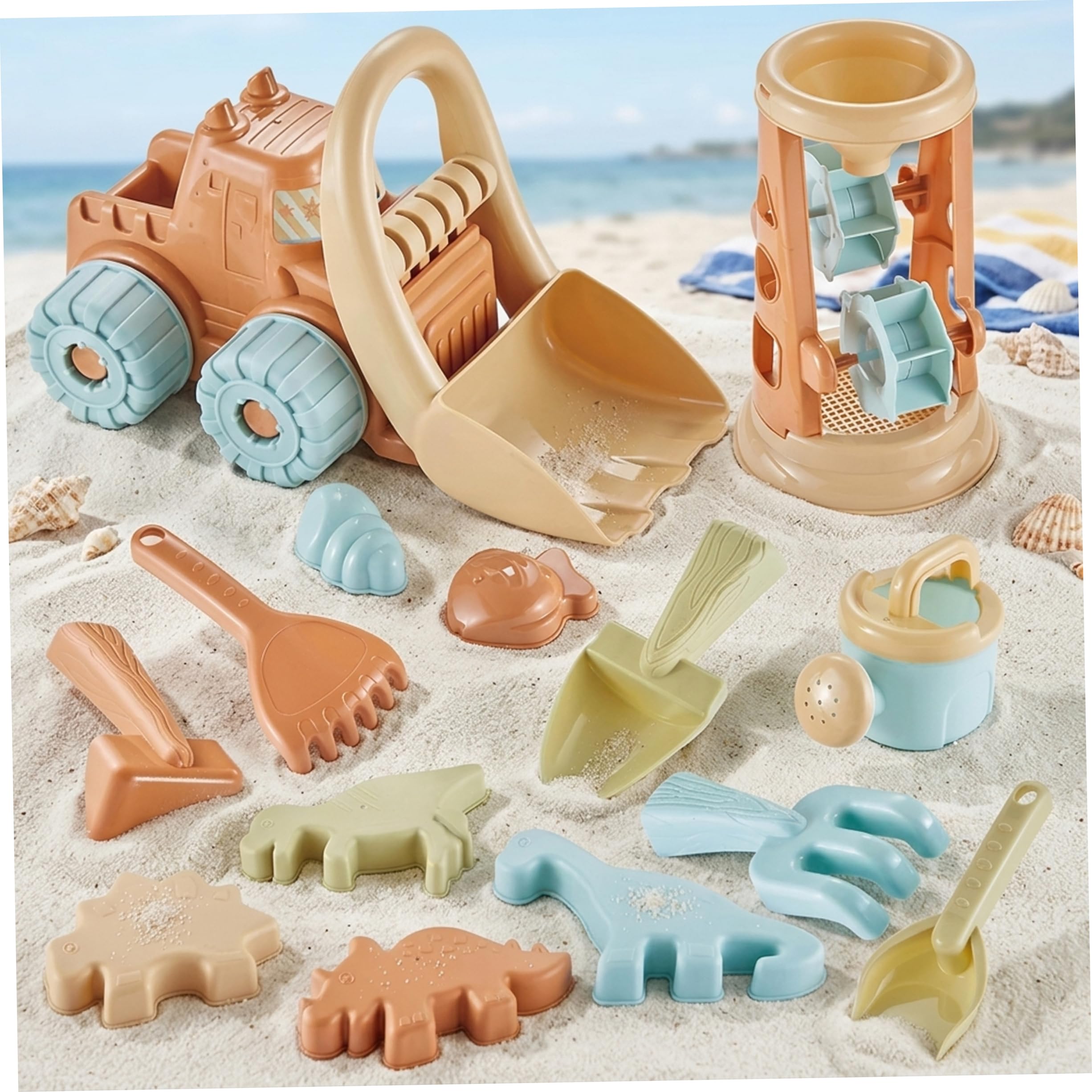 Jouets de boîte à Sable 19 pièces Ensemble de Jouets Sable Jouet Plage pour Les Tout-Petits 1 3 avec Chariot moules sablier pelles Couleur Chameau