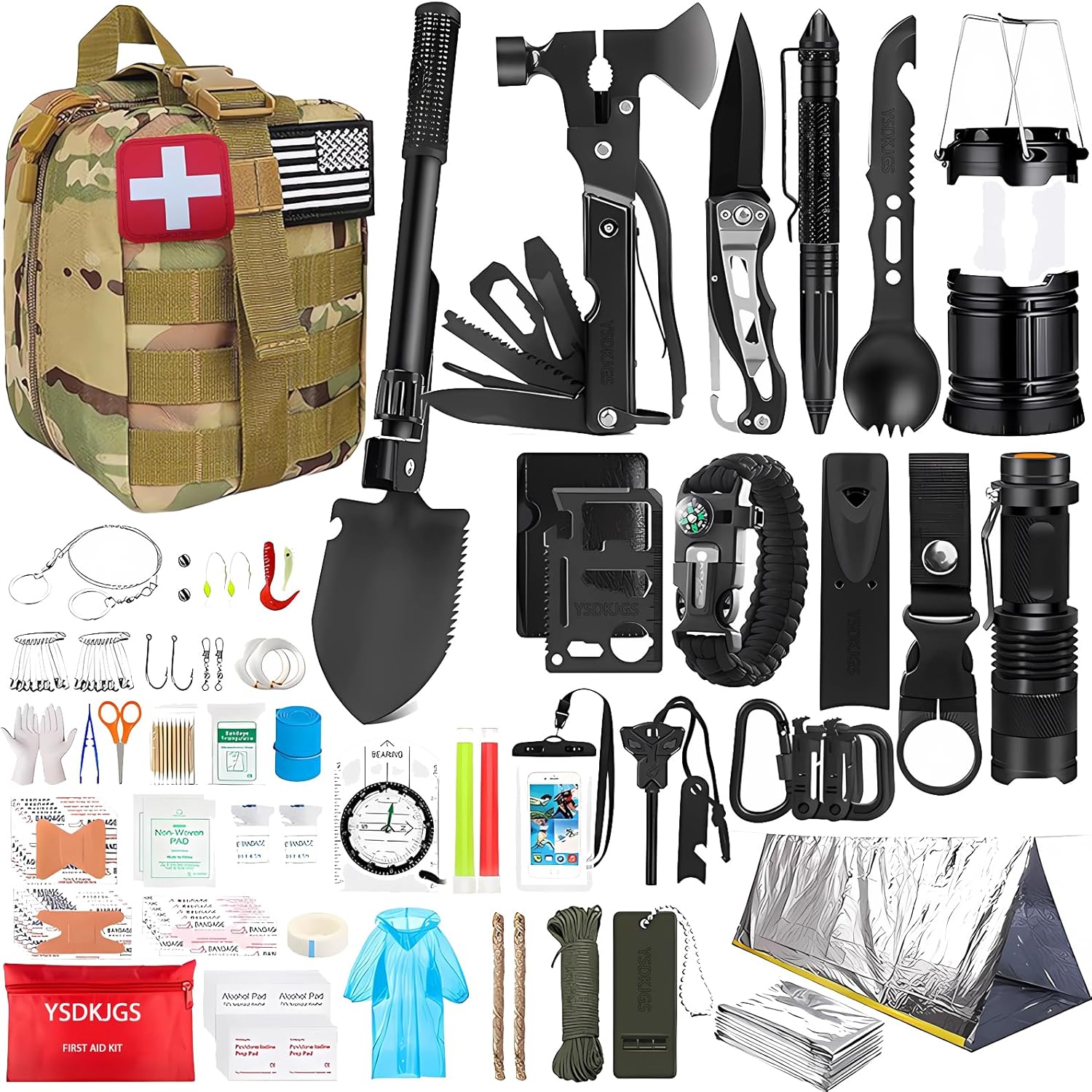 Emergency Survival Kit Sling Bag with Outdoor Tools & First Aid Supplies Preparedness Bag for Camping, Hiking, Outdoor Travel, Home & Vehicle Emergency Father’s Day for Men
