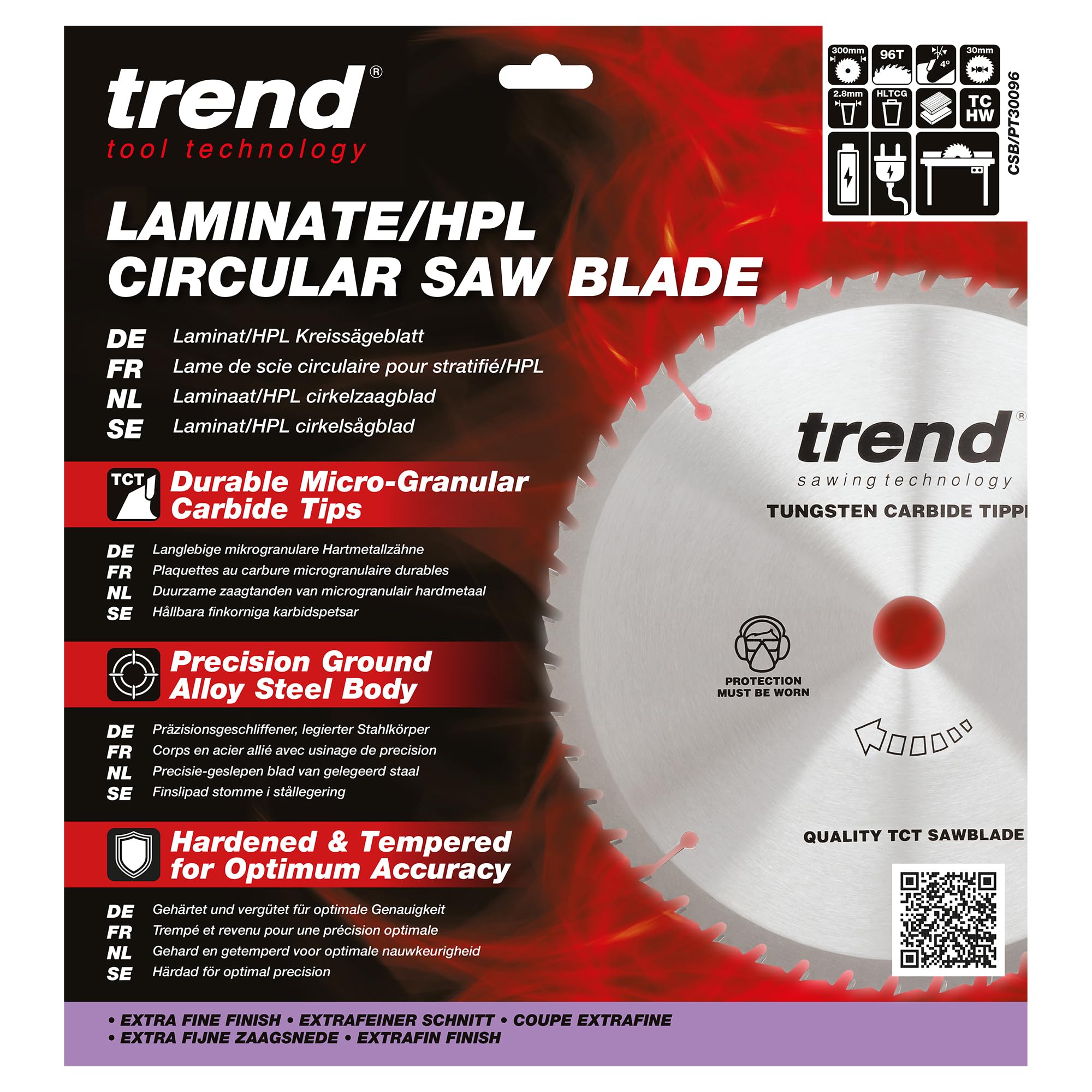 TREND Lame de scie circulaire pour stratifié et HPL, diamètre 300 mm, alésage 30 mm, 96 dents, trait de scie 2,8 mm, crochet +4°, TCT, finition, CSB/PT30096
